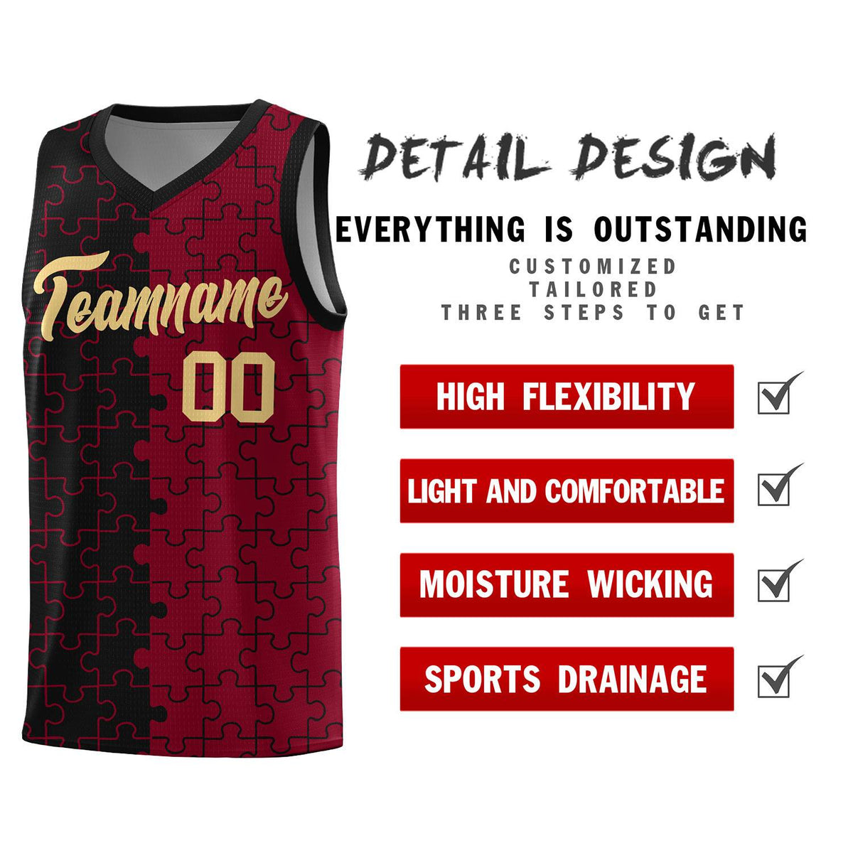 Custom Black Crimson Splid Basketball Kits With Puzzle Pattern