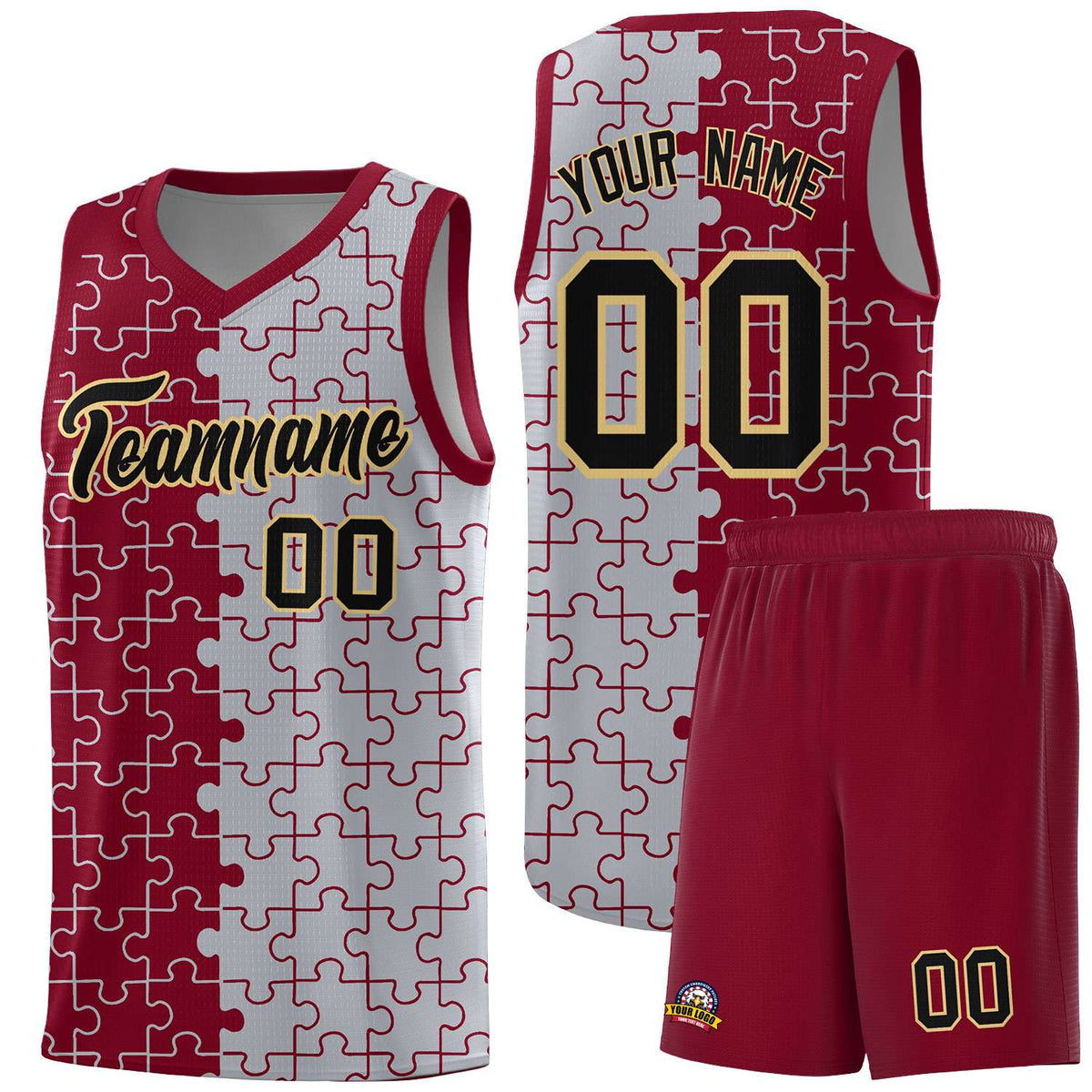 Custom Crimson Gray Splid Basketball Kits With Puzzle Pattern