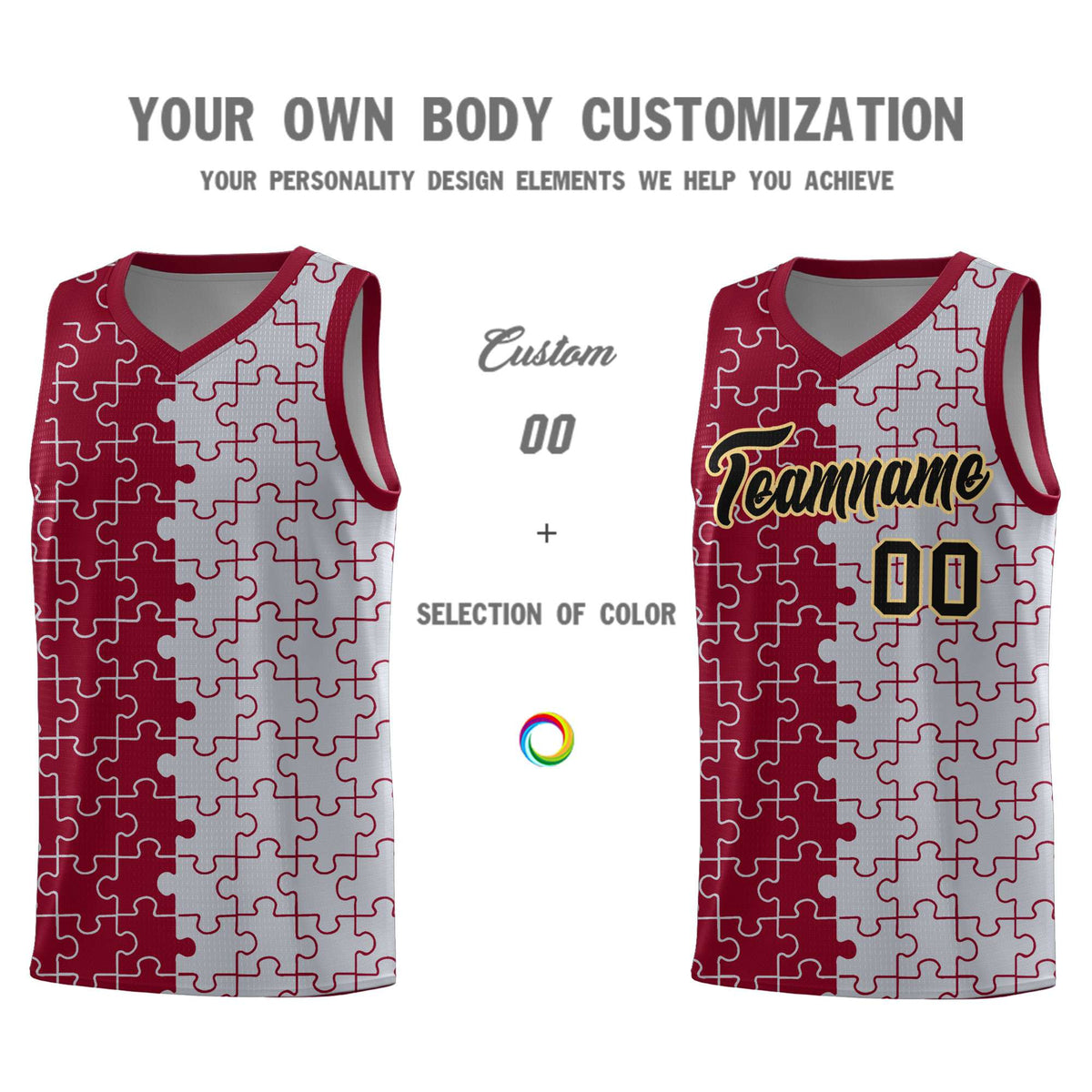 Custom Crimson Gray Splid Basketball Kits With Puzzle Pattern