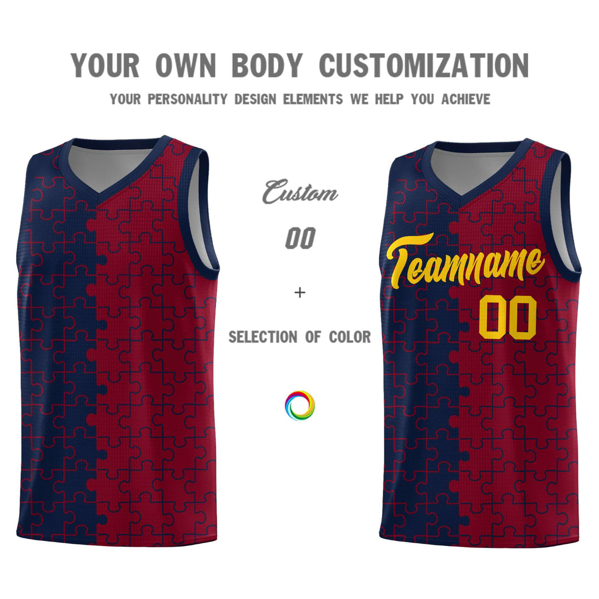 Custom Navy Crimson Splid Basketball Kits With Puzzle Pattern