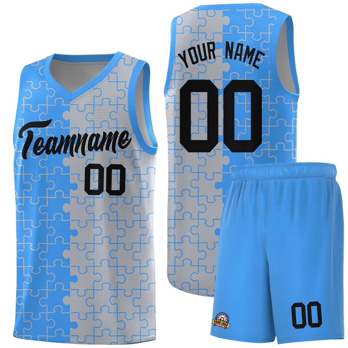 Custom Light Blue Gray Splid Basketball Kits With Puzzle Pattern