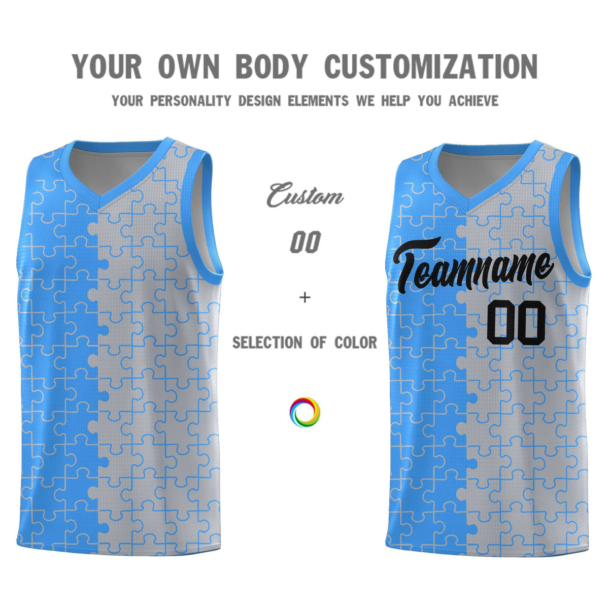 Custom Light Blue Gray Splid Basketball Kits With Puzzle Pattern