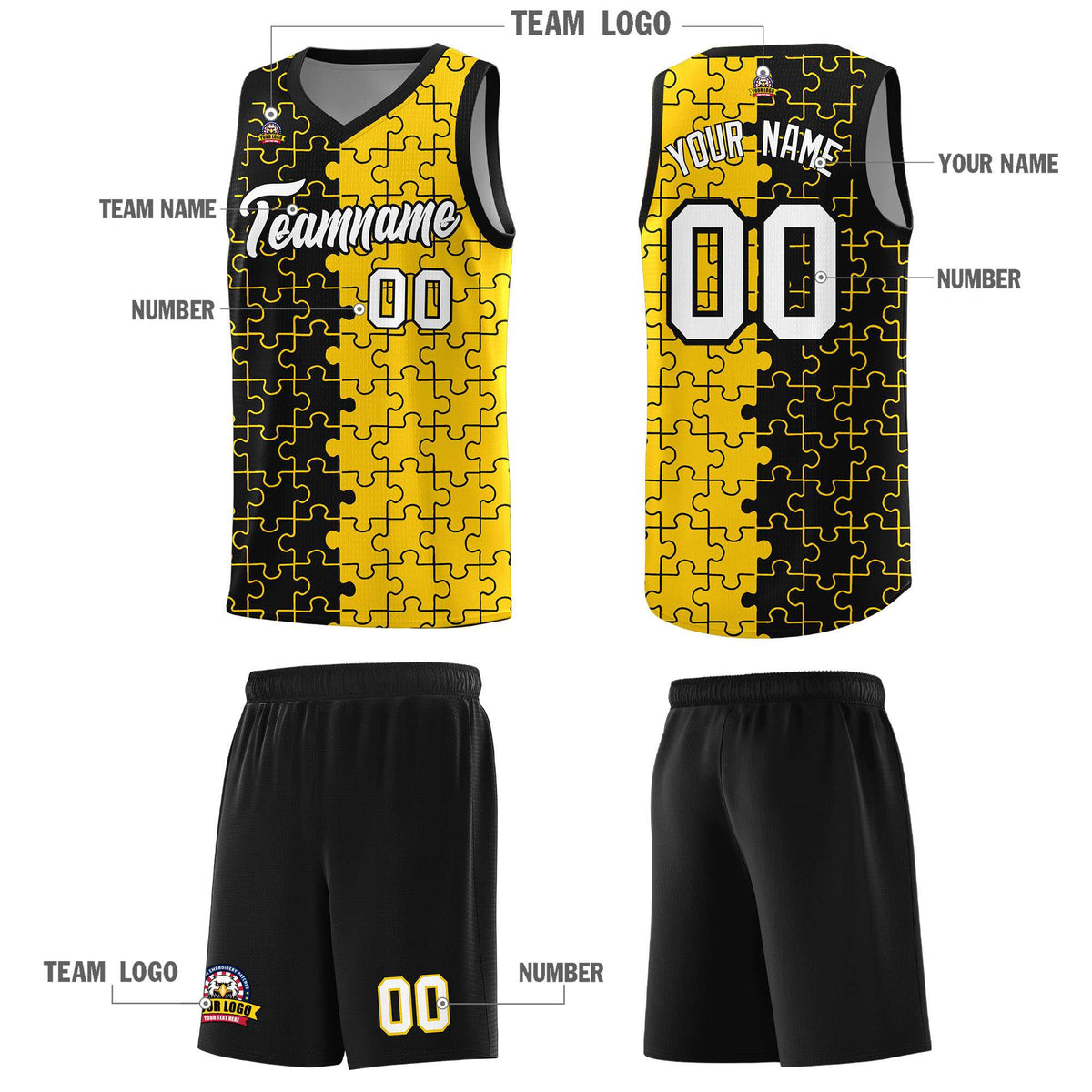 Custom Black Gold Splid Basketball Kits With Puzzle Pattern
