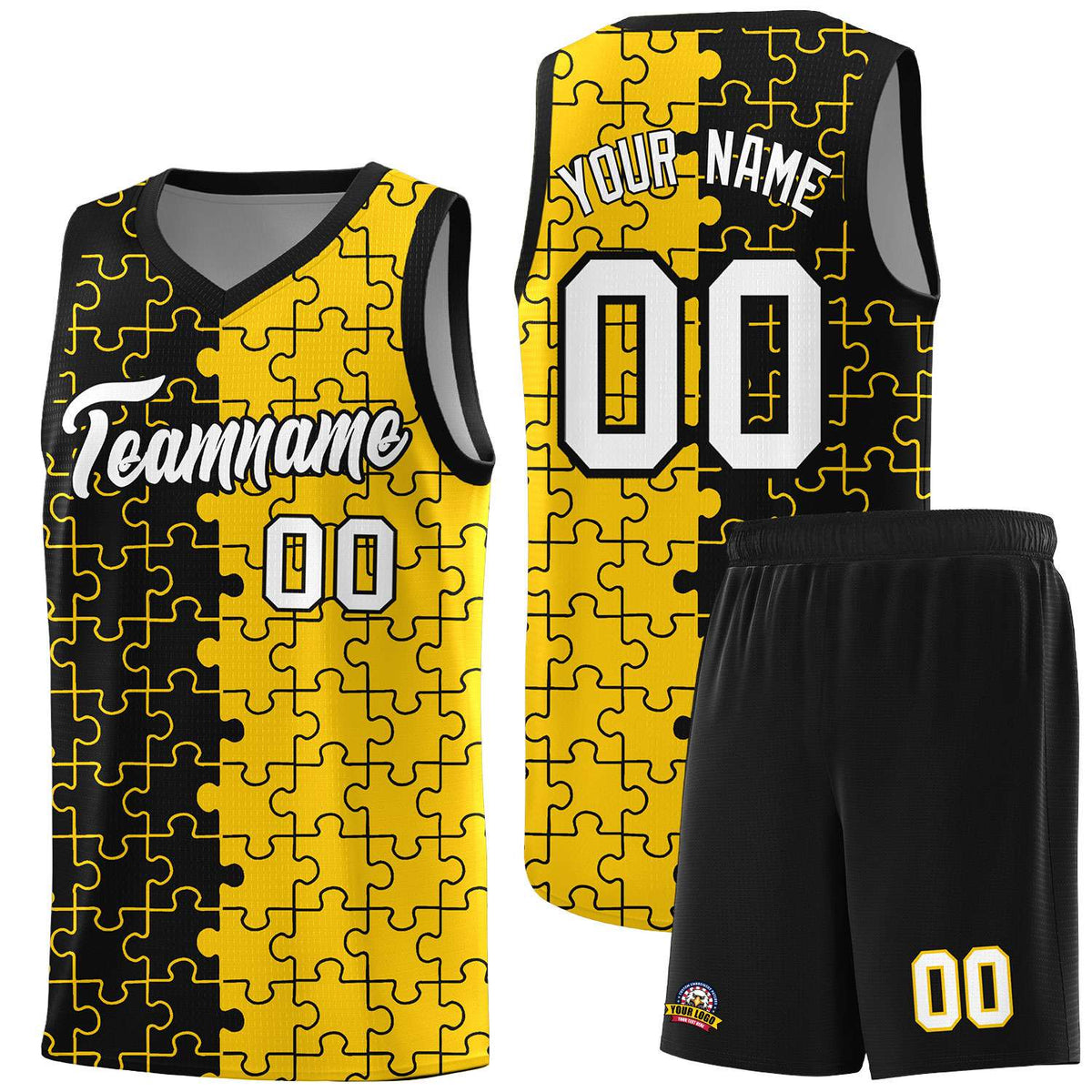 Custom Black Gold Splid Basketball Kits With Puzzle Pattern