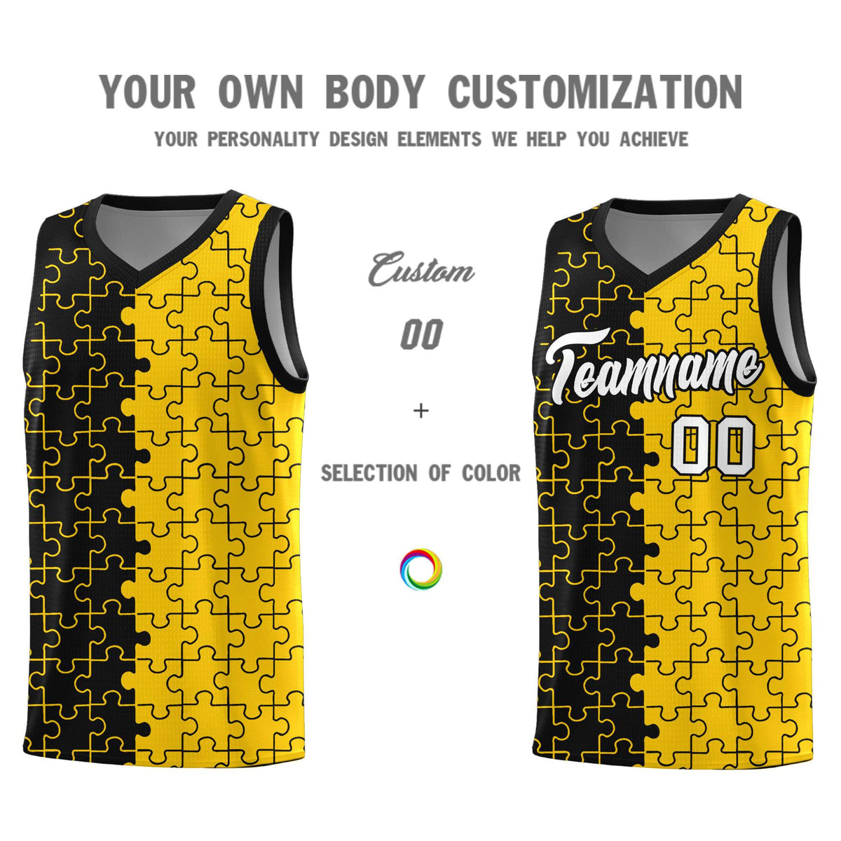 Custom Black Gold Splid Basketball Kits With Puzzle Pattern