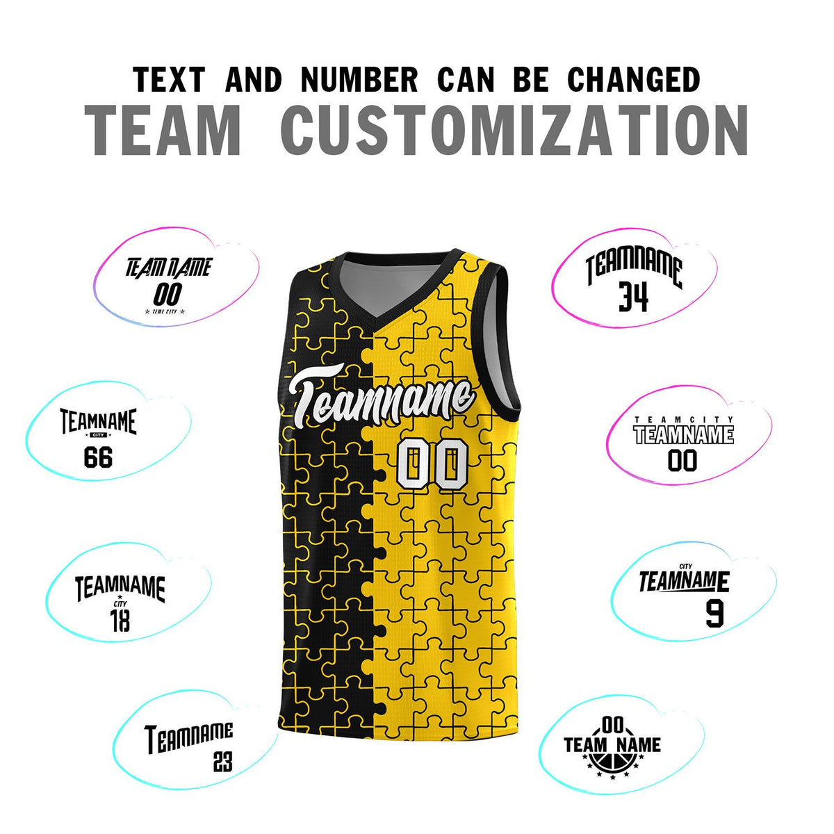 Custom Black Gold Splid Basketball Kits With Puzzle Pattern