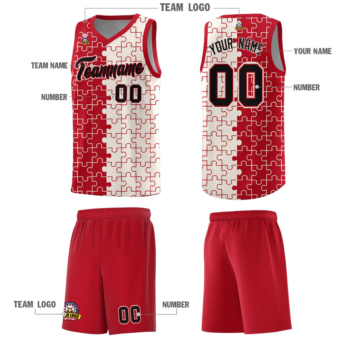 Custom Red Cream Splid Basketball Kits With Puzzle Pattern
