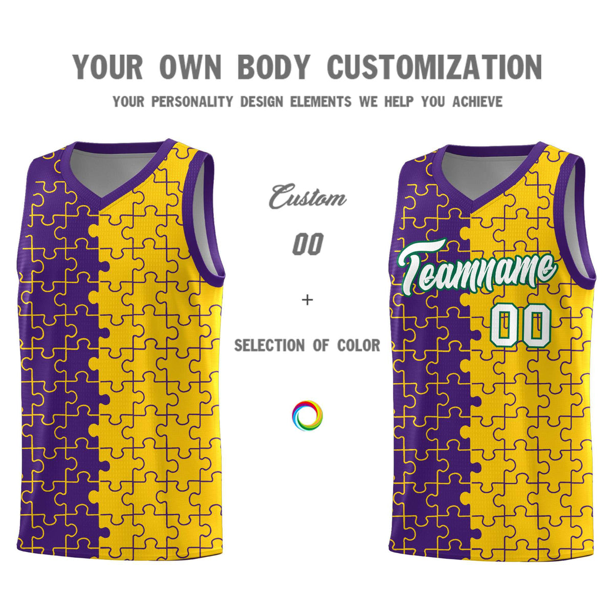 Custom Purple Gold Splid Basketball Kits With Puzzle Pattern