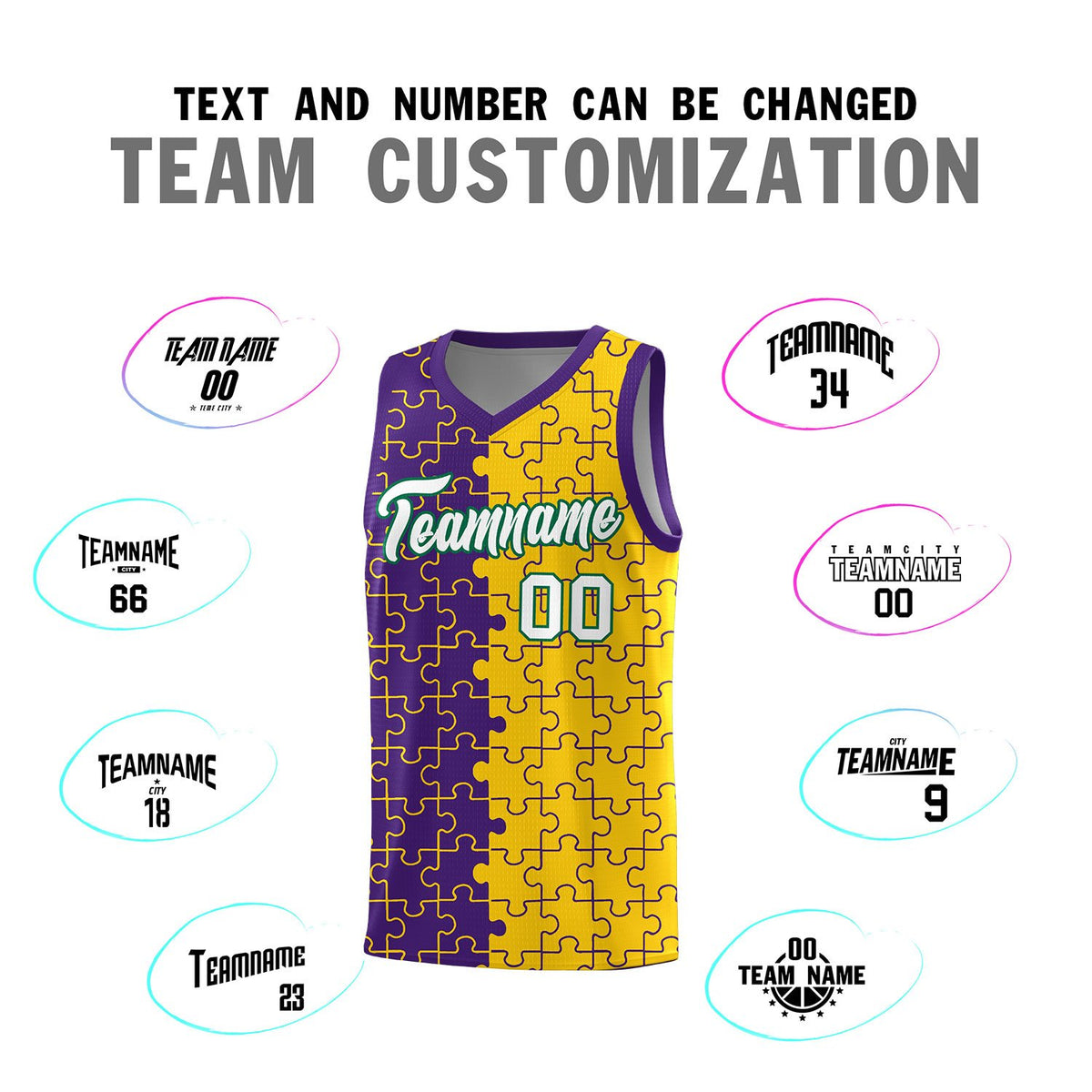 Custom Purple Gold Splid Basketball Kits With Puzzle Pattern