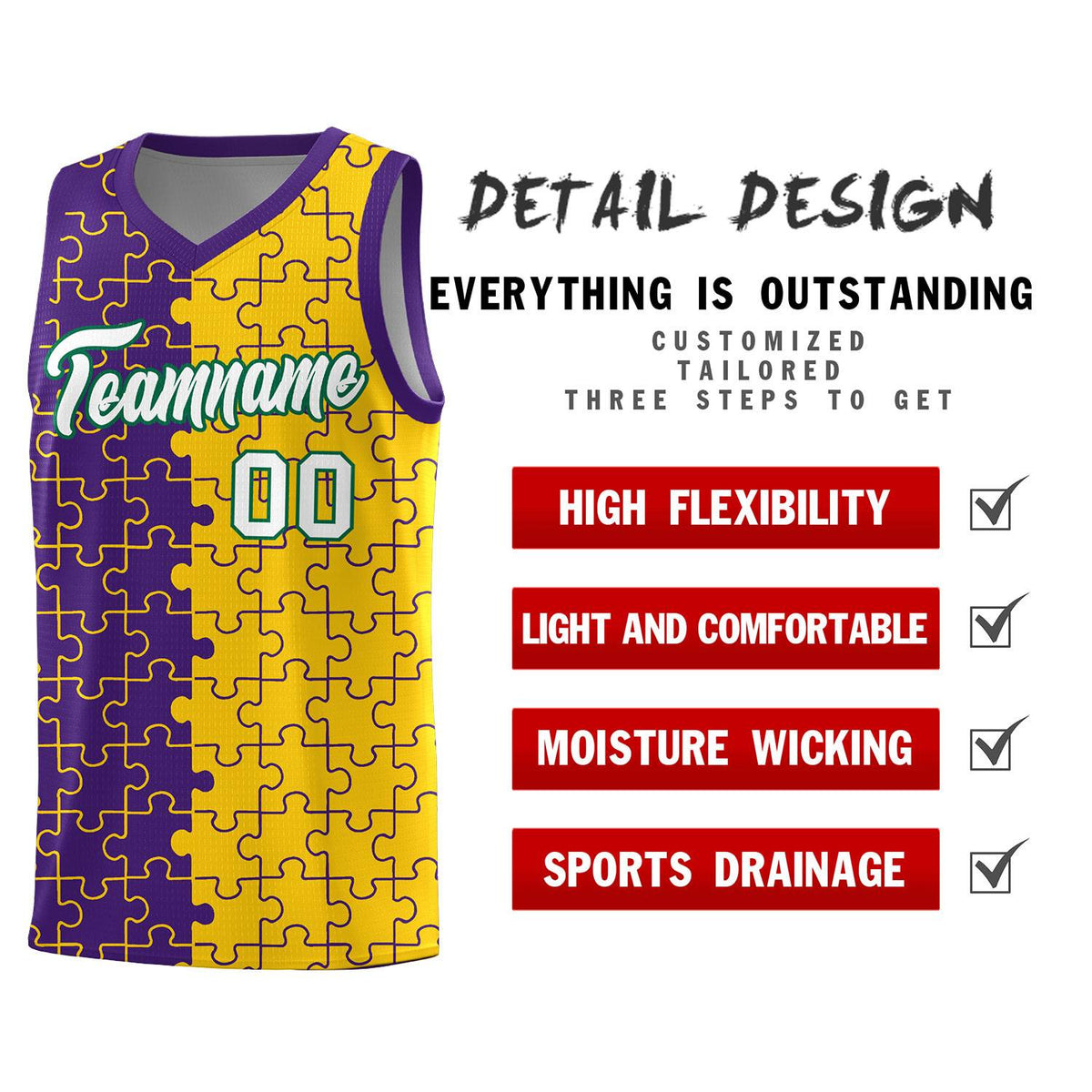 Custom Purple Gold Splid Basketball Kits With Puzzle Pattern