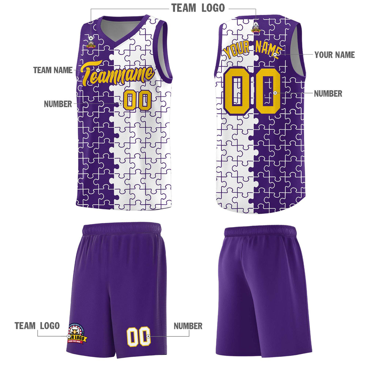 Custom Purple White Splid Basketball Kits With Puzzle Pattern