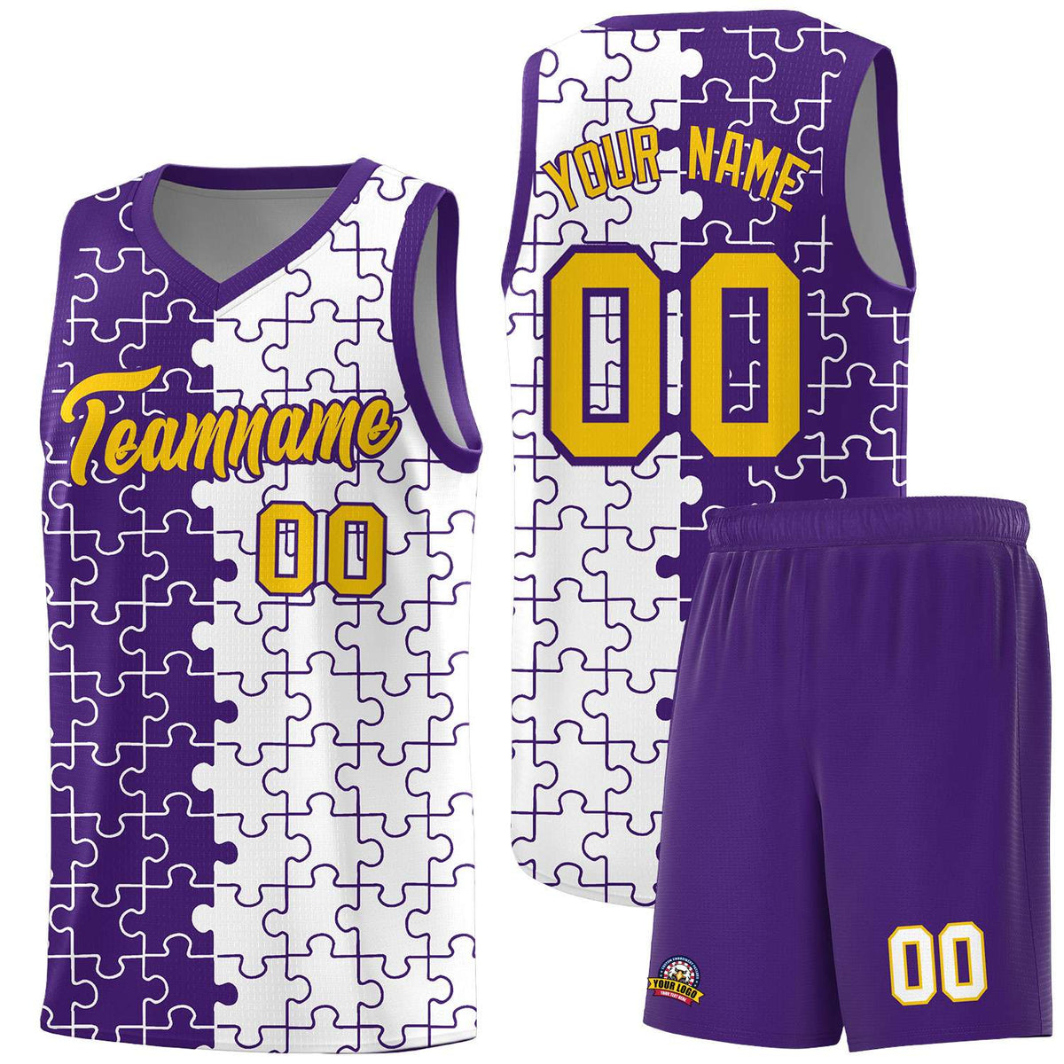 Custom Purple White Splid Basketball Kits With Puzzle Pattern