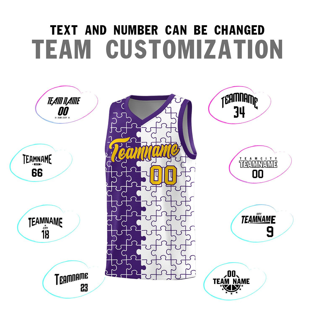 Custom Purple White Splid Basketball Kits With Puzzle Pattern