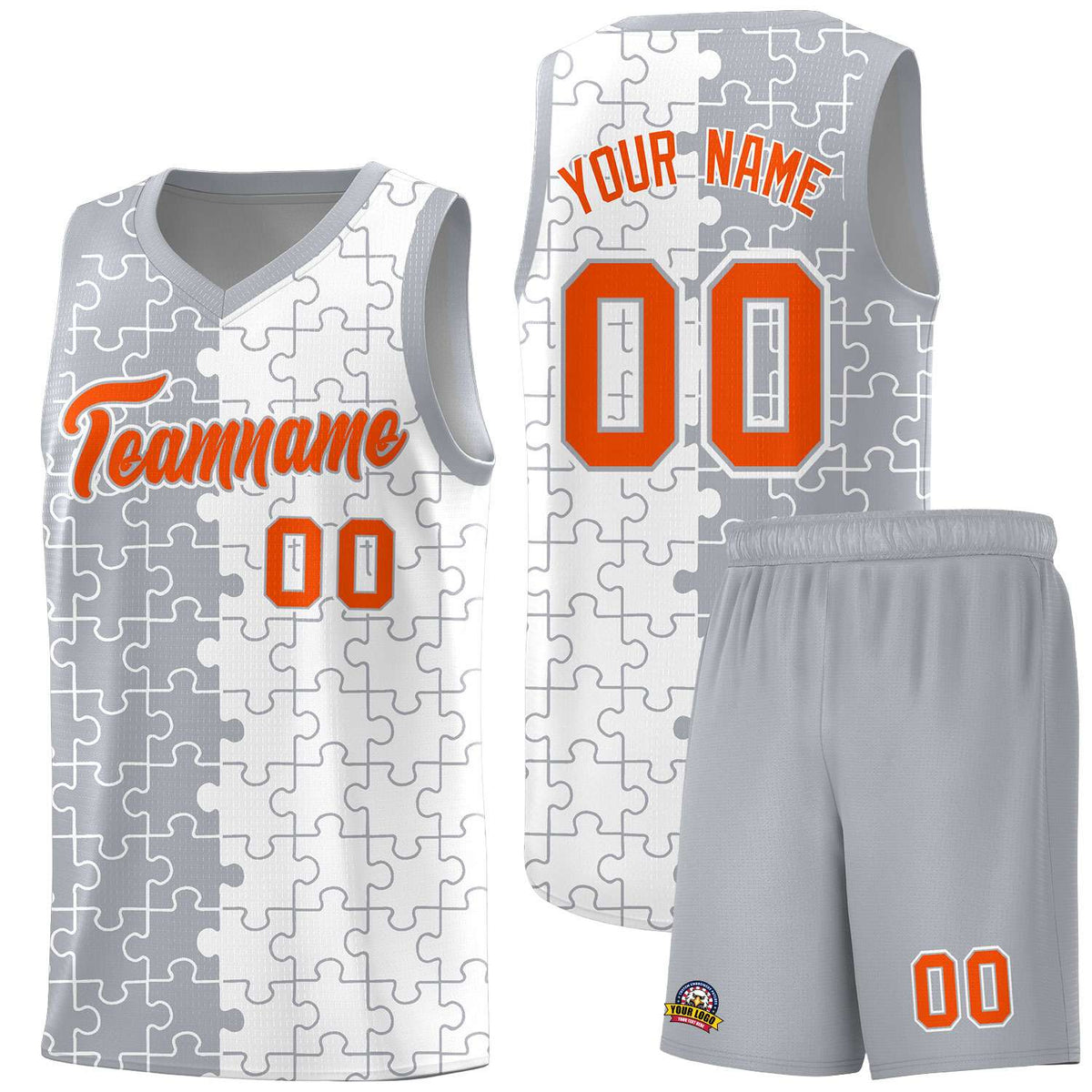 Custom Gray White Splid Basketball Kits With Puzzle Pattern
