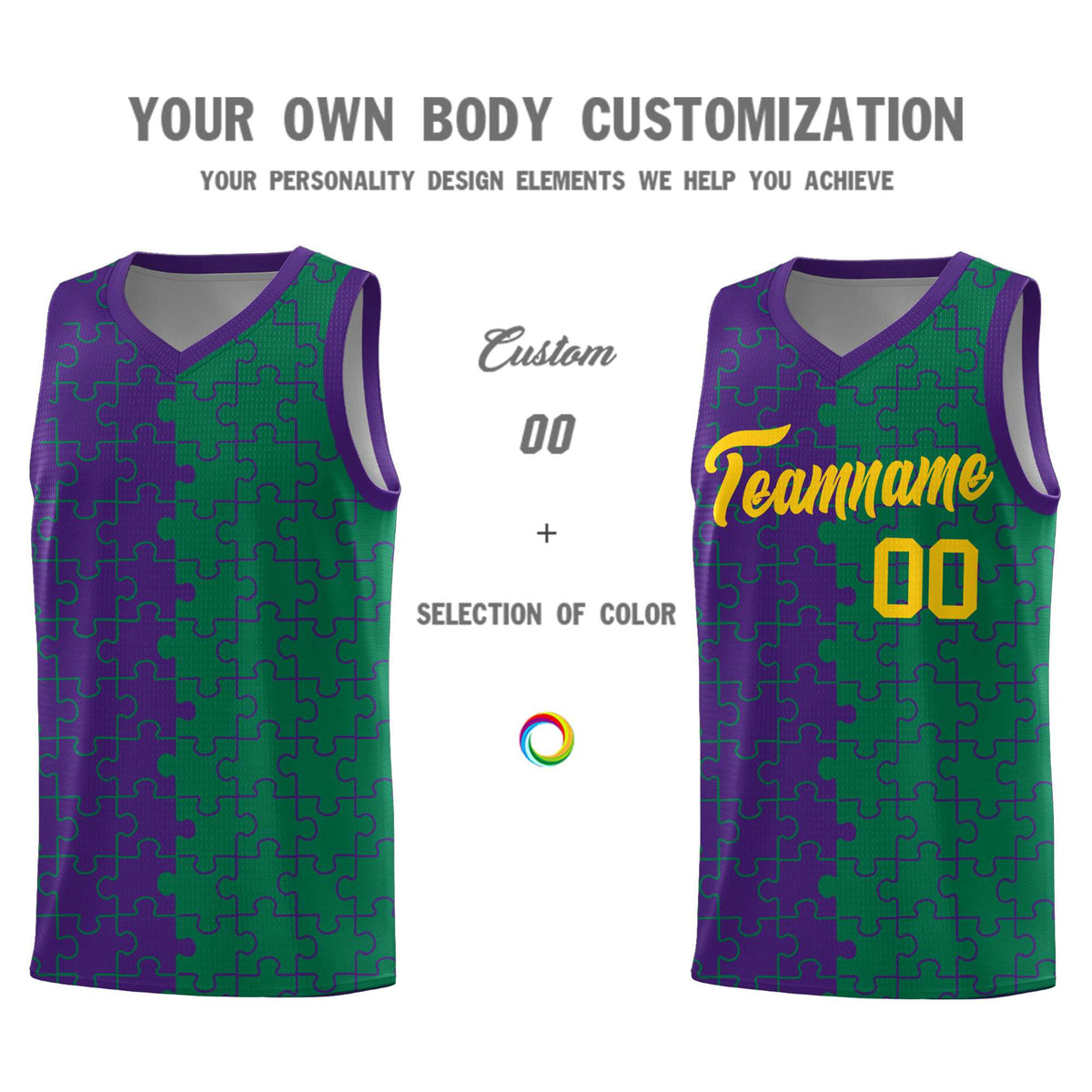 Custom Purple Kelly Green Splid Basketball Kits With Puzzle Pattern