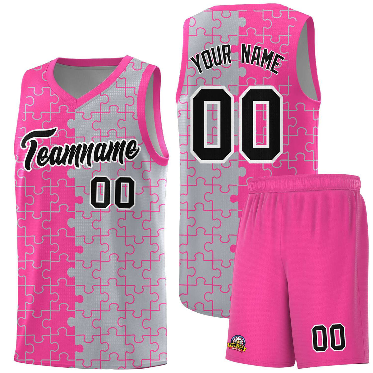 Custom Pink Gray Splid Basketball Kits With Puzzle Pattern