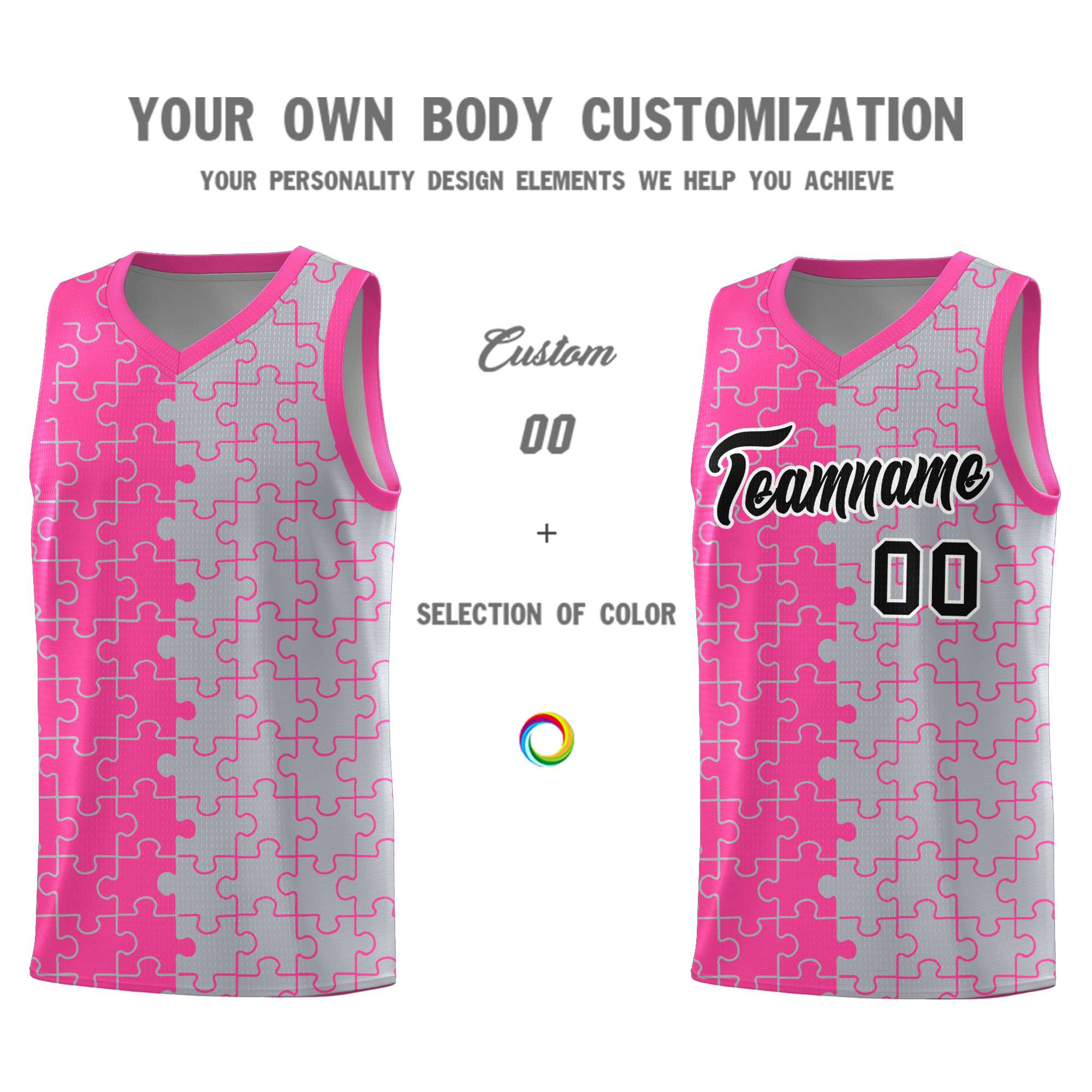 Custom Pink Gray Splid Basketball Kits With Puzzle Pattern