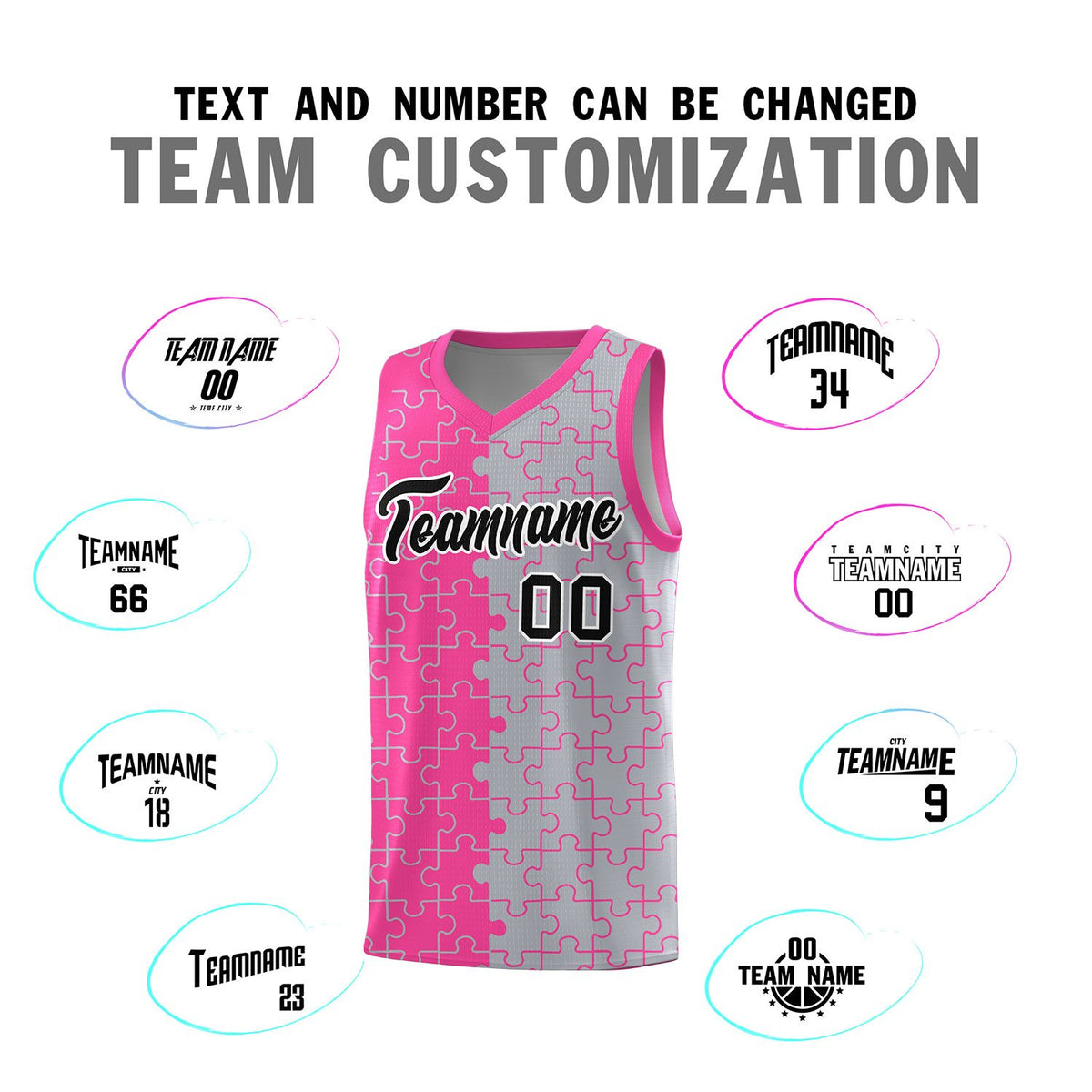 Custom Pink Gray Splid Basketball Kits With Puzzle Pattern