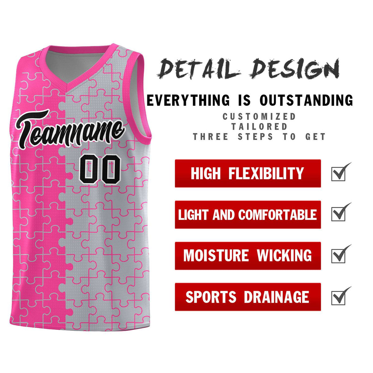 Custom Pink Gray Splid Basketball Kits With Puzzle Pattern