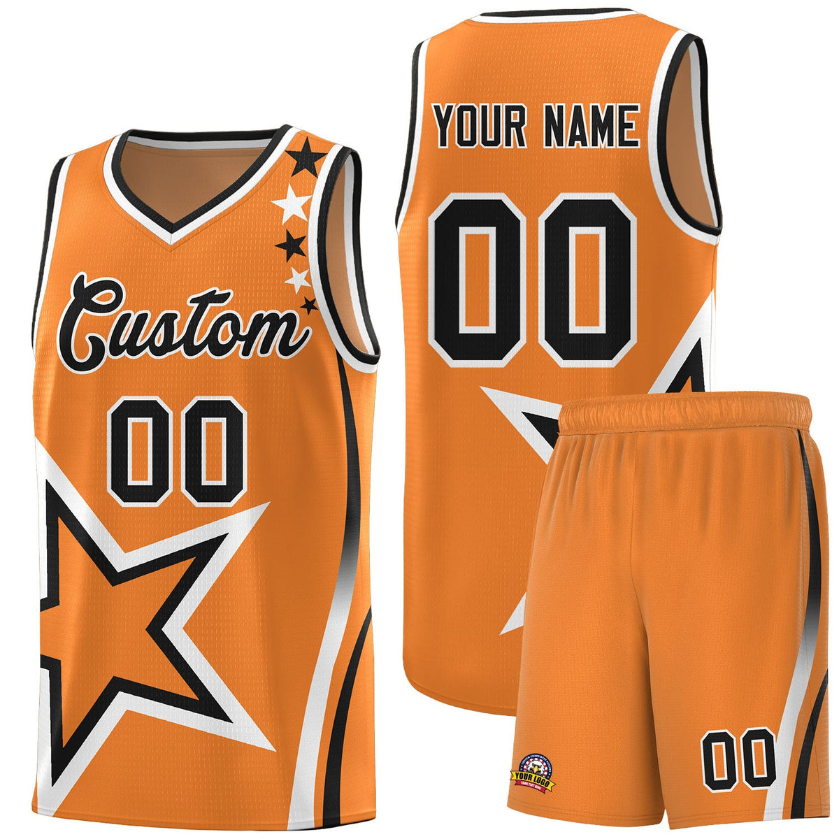 Custom Gold Orange Shoulder Stars Graffiti Pattern Sets Basketball Jersey