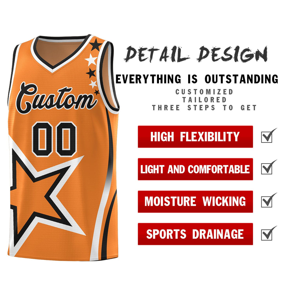 Custom Gold Orange Shoulder Stars Graffiti Pattern Sets Basketball Jersey