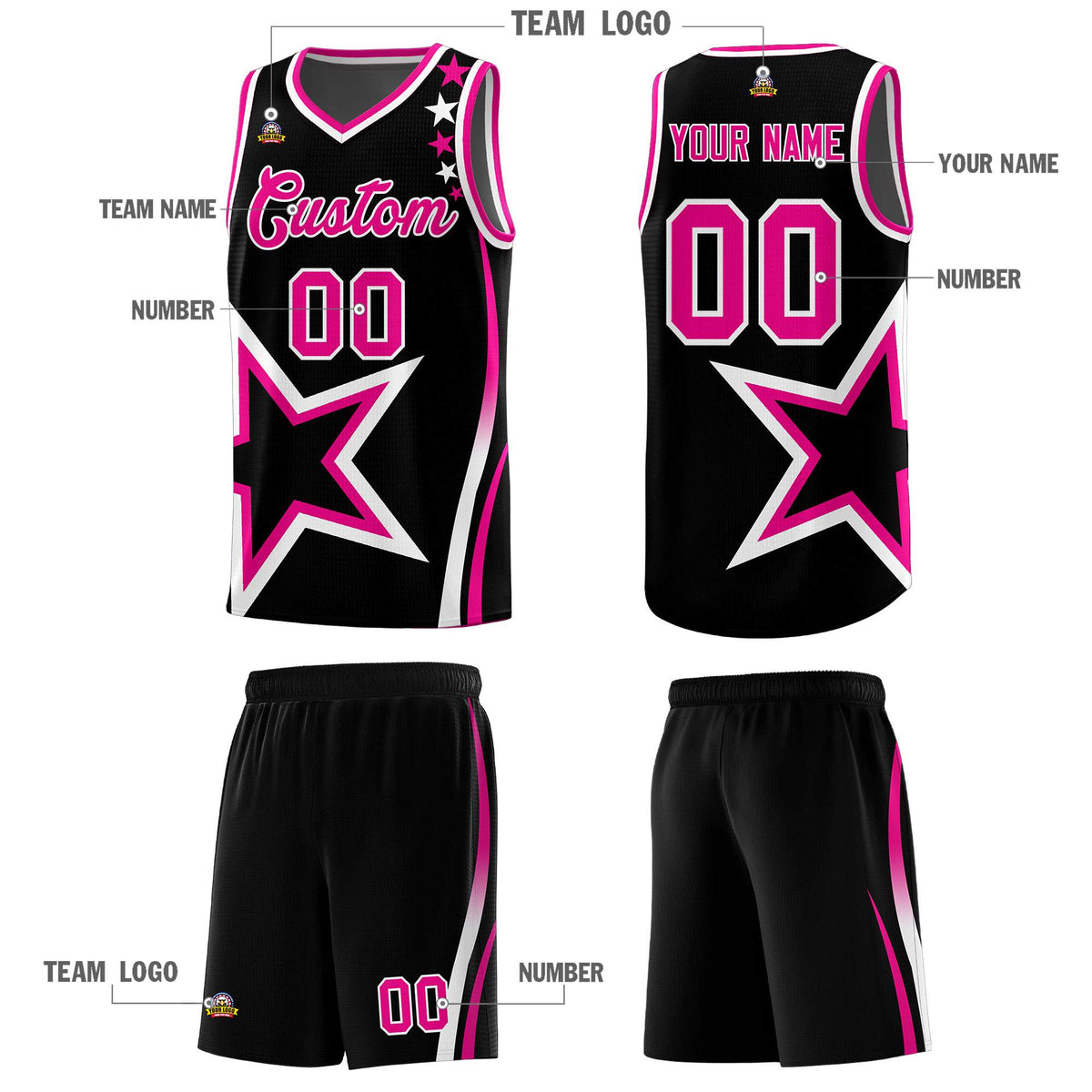 Custom Black Shoulder Stars Graffiti Pattern Sets Basketball Jersey