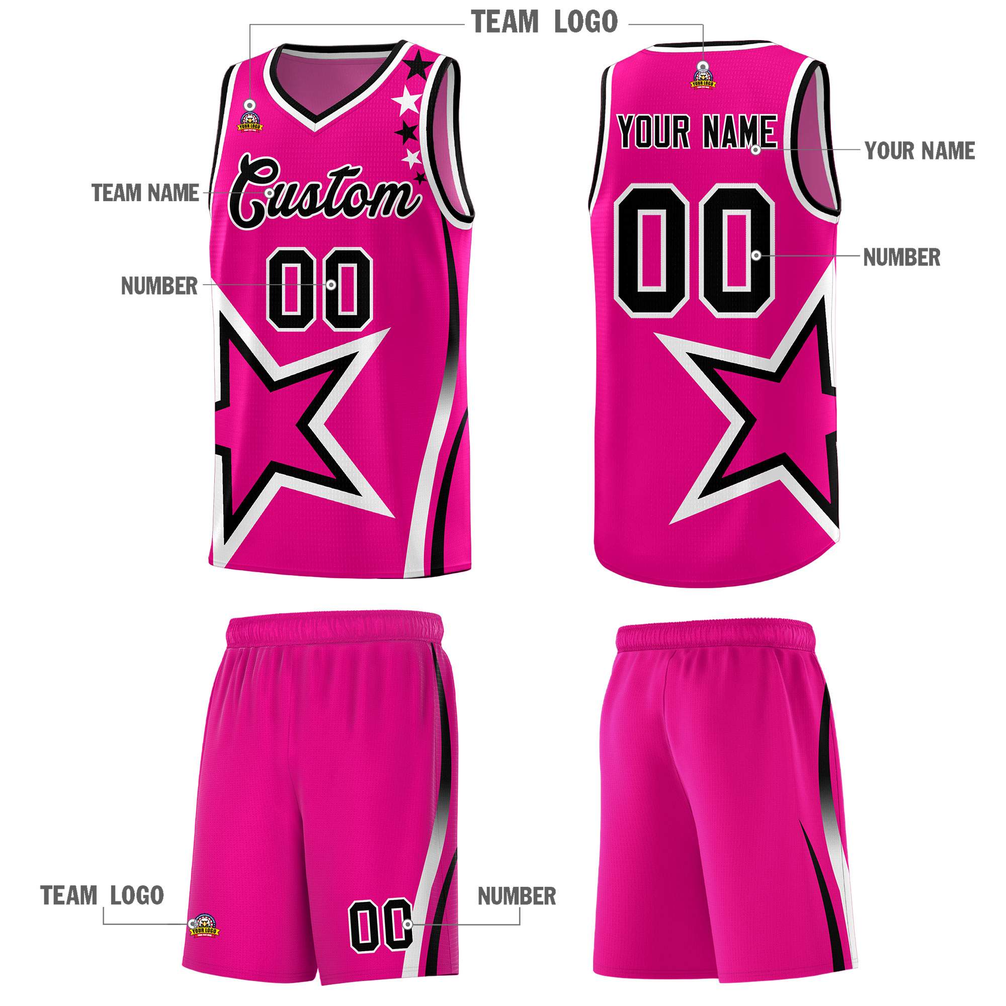 Custom Pink Shoulder Stars Graffiti Pattern Sets Basketball Jersey