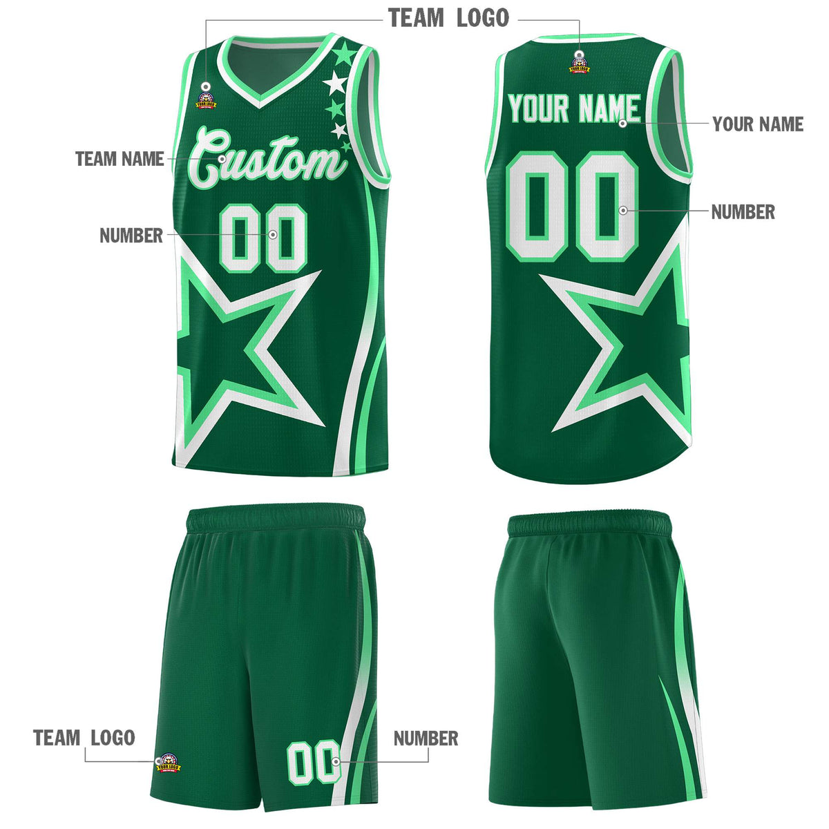 Custom Green Shoulder Stars Graffiti Pattern Sets Basketball Jersey
