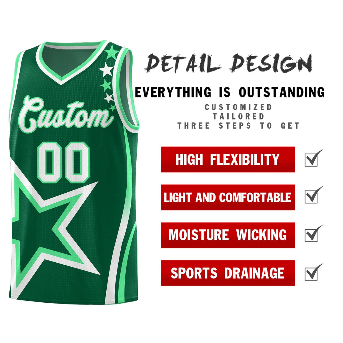 Custom Green Shoulder Stars Graffiti Pattern Sets Basketball Jersey