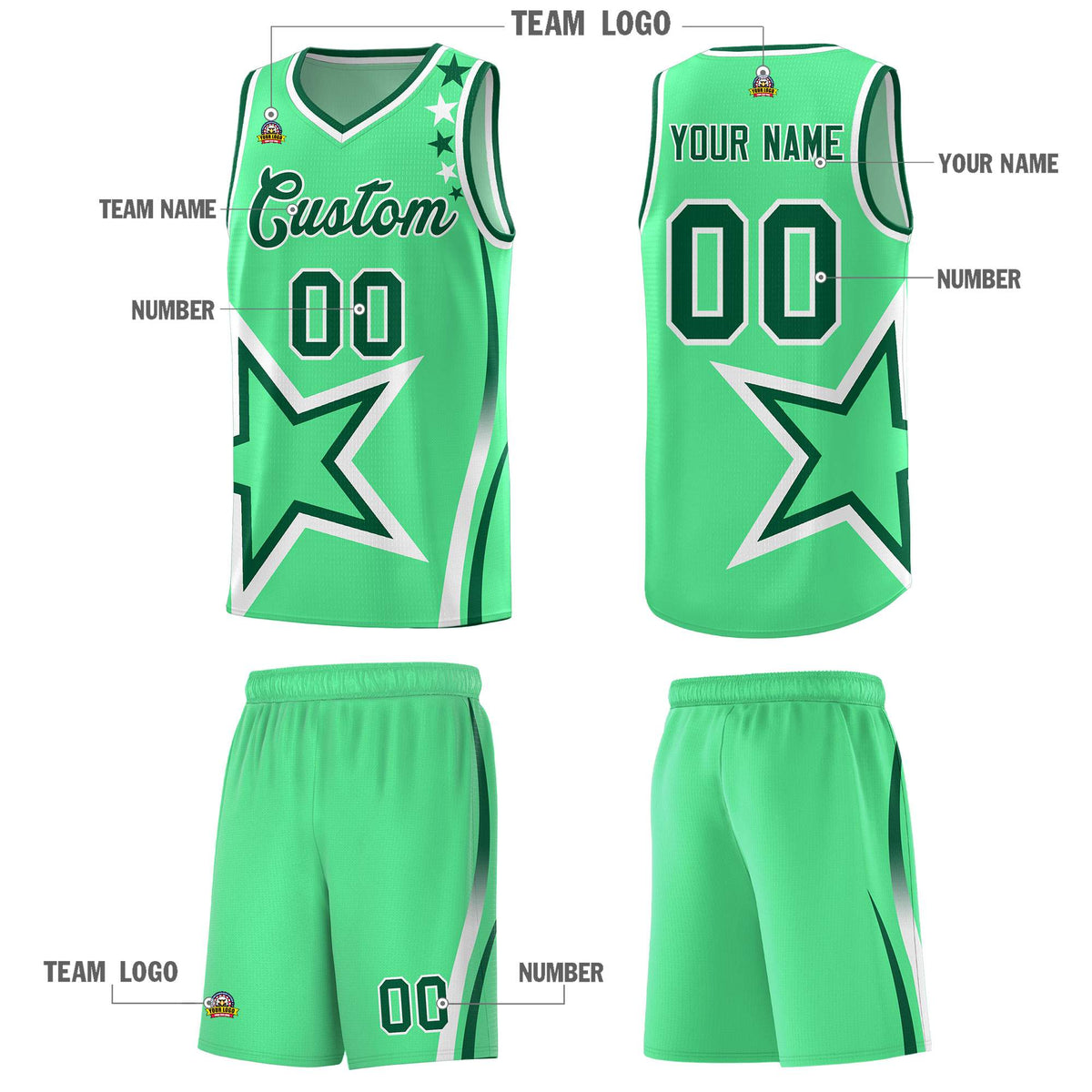Custom Green Shoulder Stars Graffiti Pattern Sets Basketball Jersey