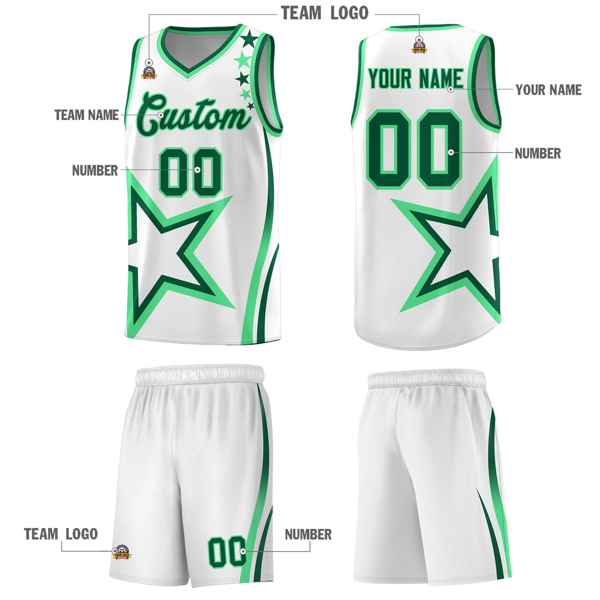 Custom White Shoulder Stars Graffiti Pattern Sets Basketball Jersey