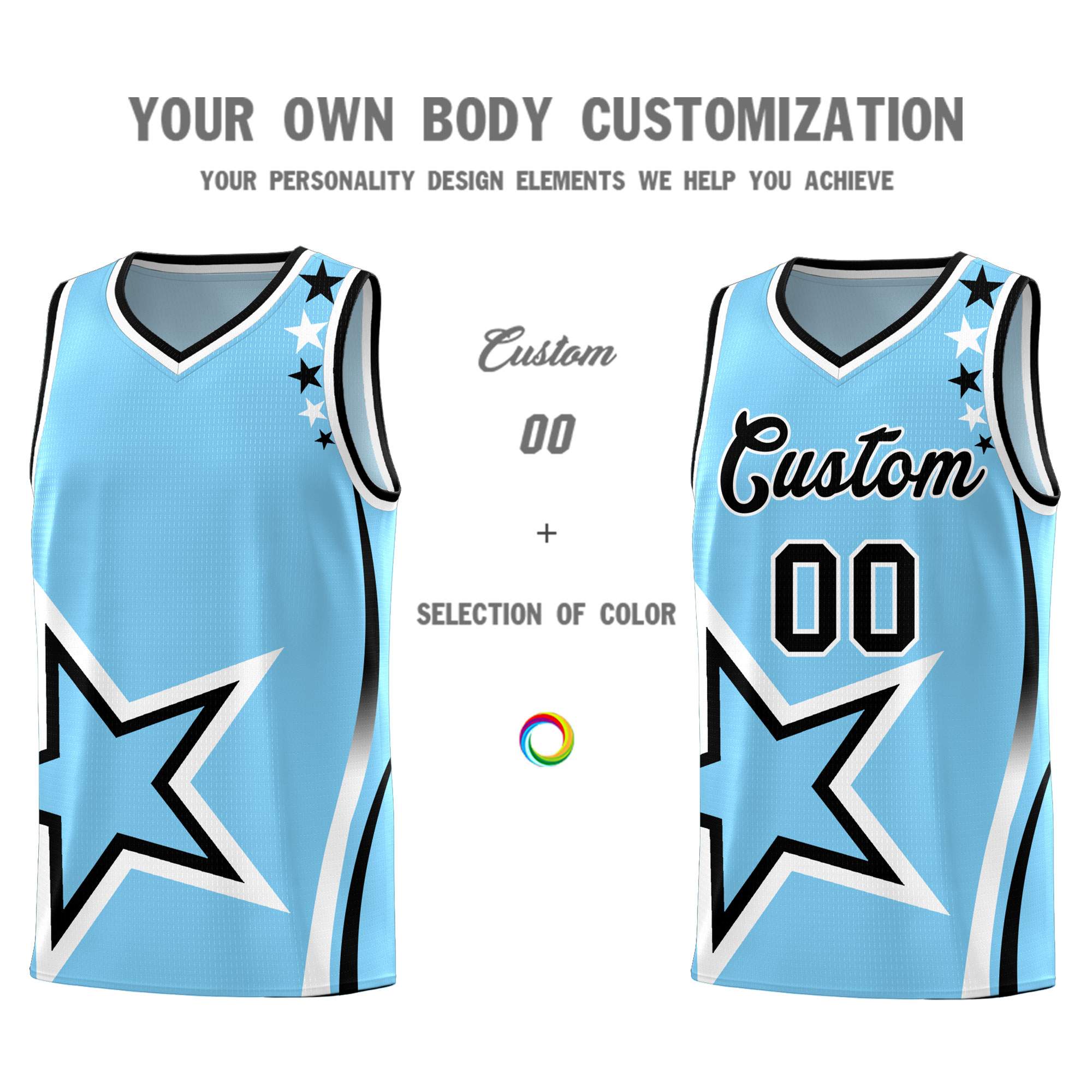 Custom Light Blue Shoulder Stars Graffiti Pattern Sets Basketball Jersey
