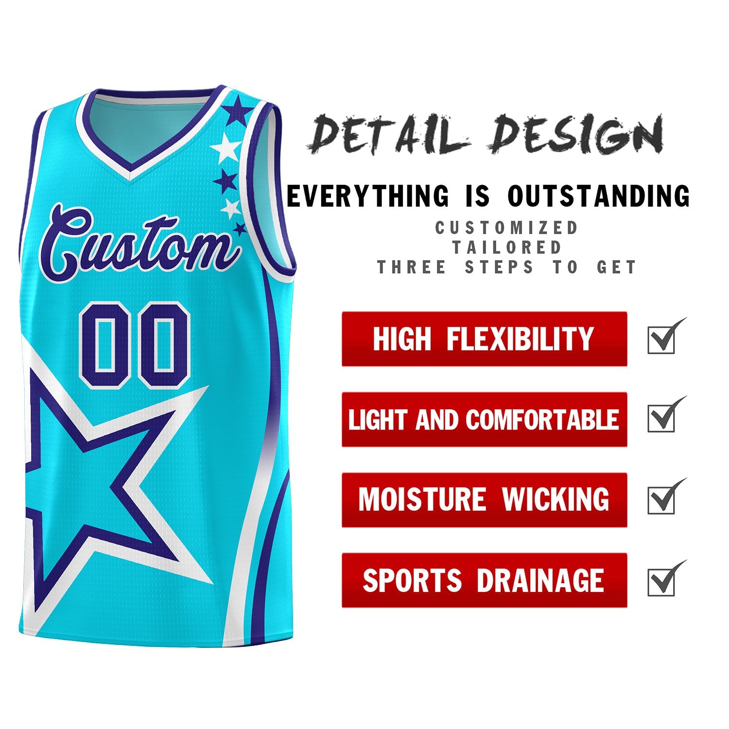 Custom Sky Blue Shoulder Stars Graffiti Pattern Sets Basketball Jersey