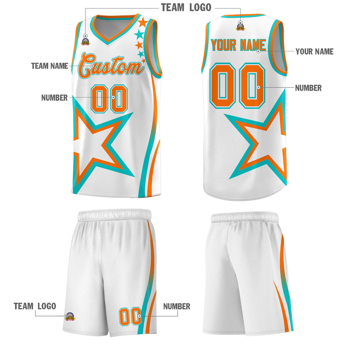 Custom White Shoulder Stars Graffiti Pattern Sets Basketball Jersey