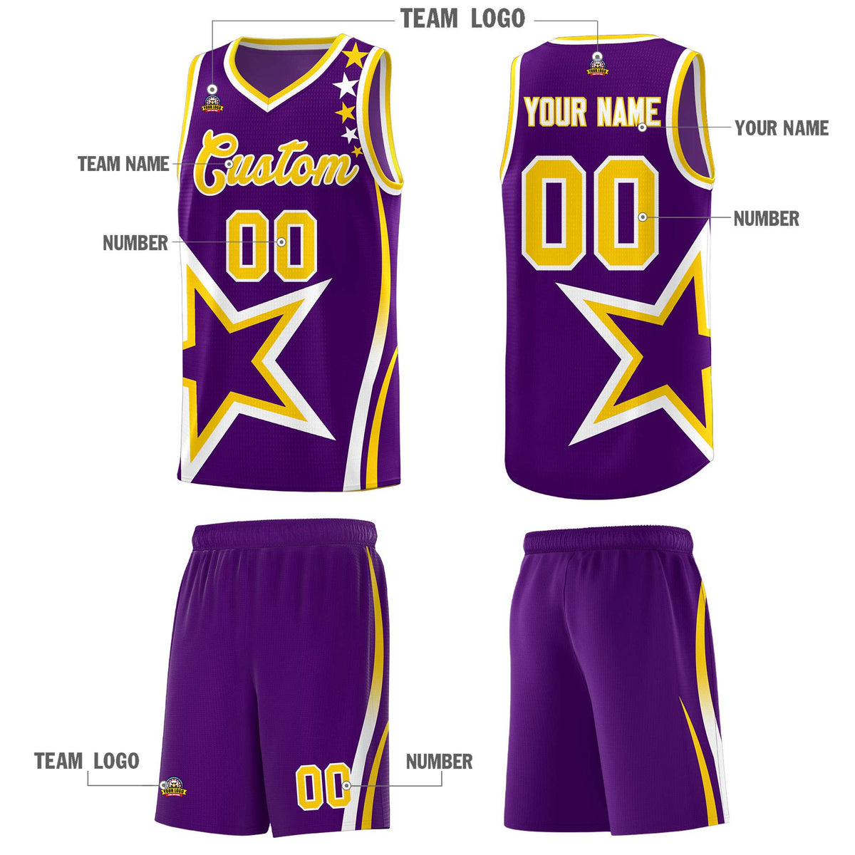 Custom Purple Shoulder Stars Graffiti Pattern Sets Basketball Jersey