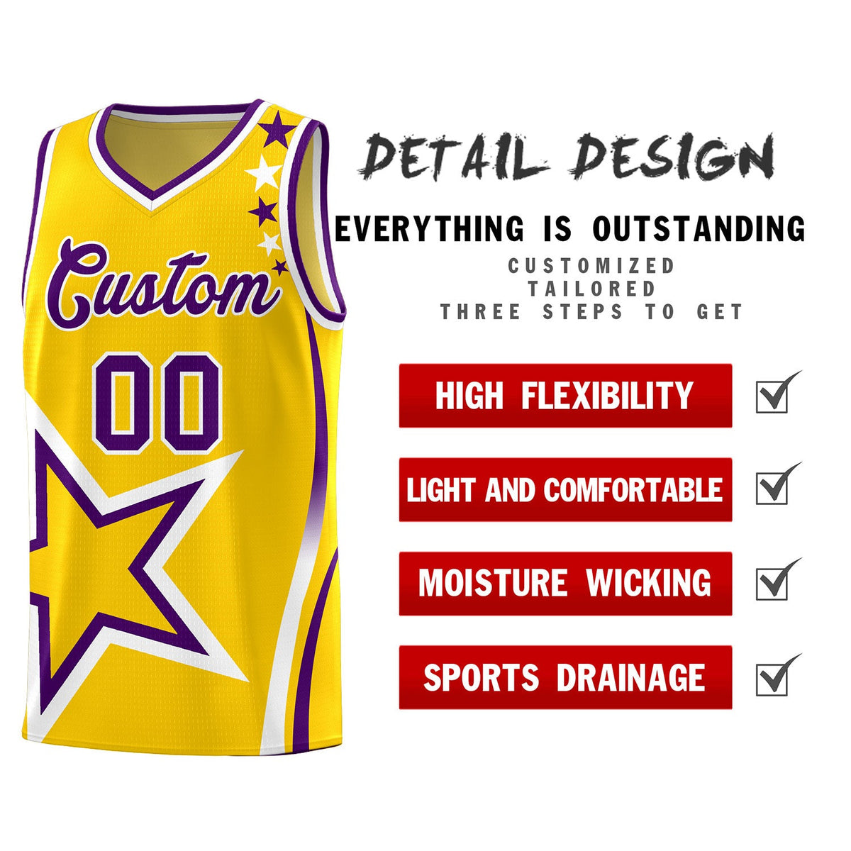Custom Gold Shoulder Stars Graffiti Pattern Sets Basketball Jersey