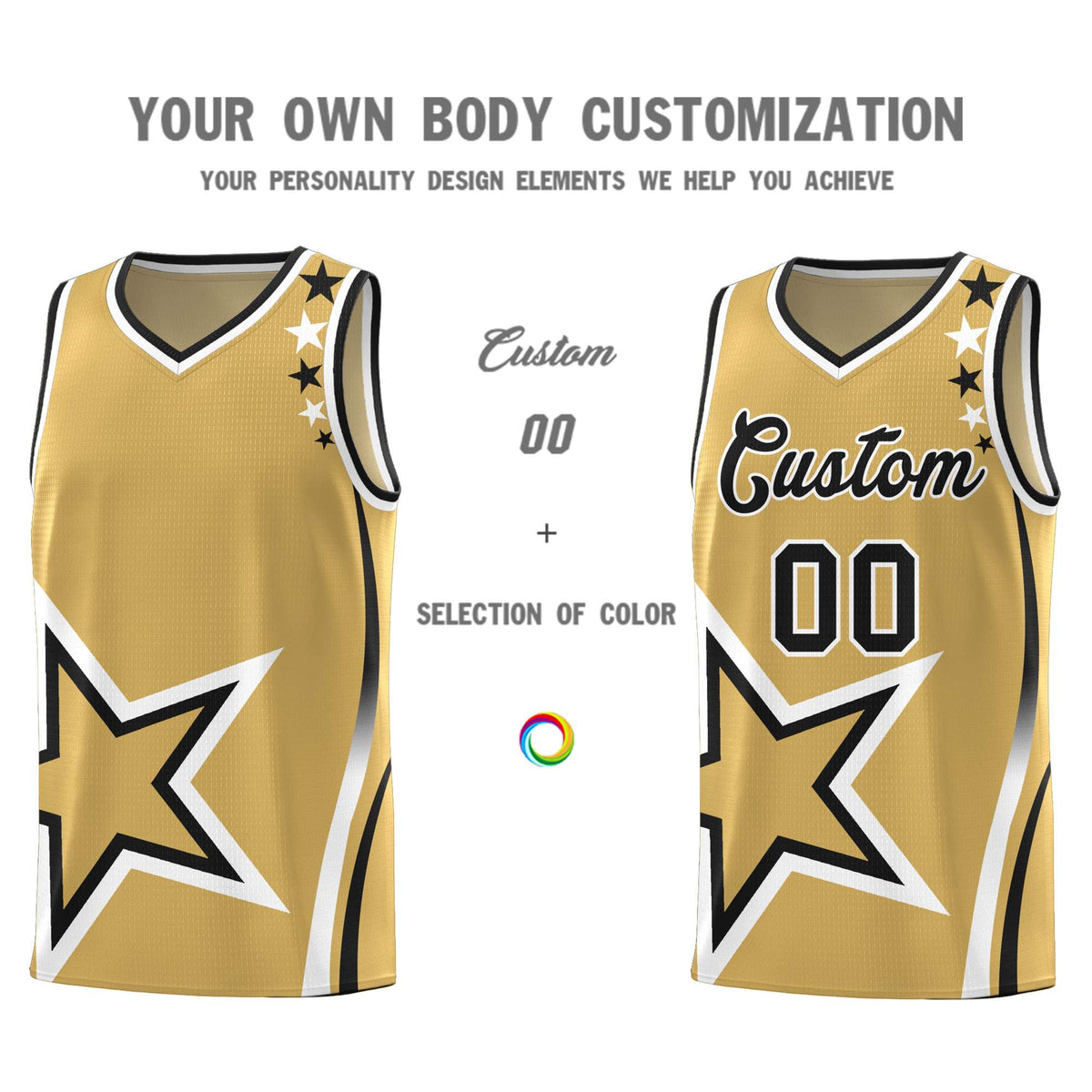 Custom Old Gold Shoulder Stars Graffiti Pattern Sets Basketball Jersey
