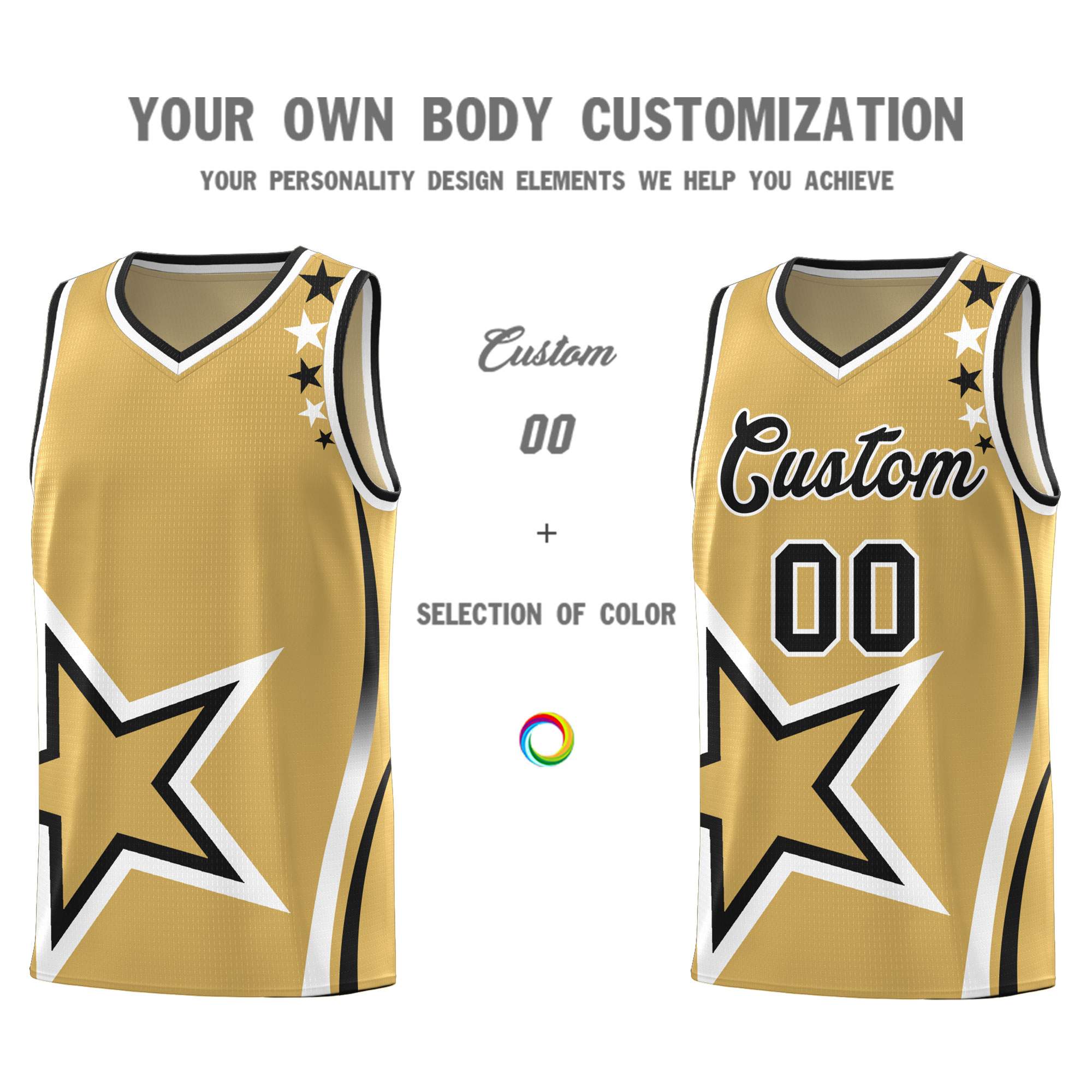 Custom Old Gold Shoulder Stars Graffiti Pattern Sets Basketball Jersey
