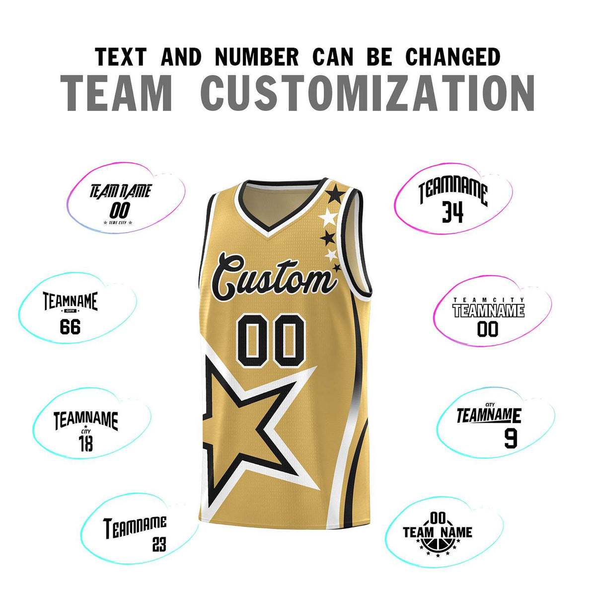 Custom Old Gold Shoulder Stars Graffiti Pattern Sets Basketball Jersey