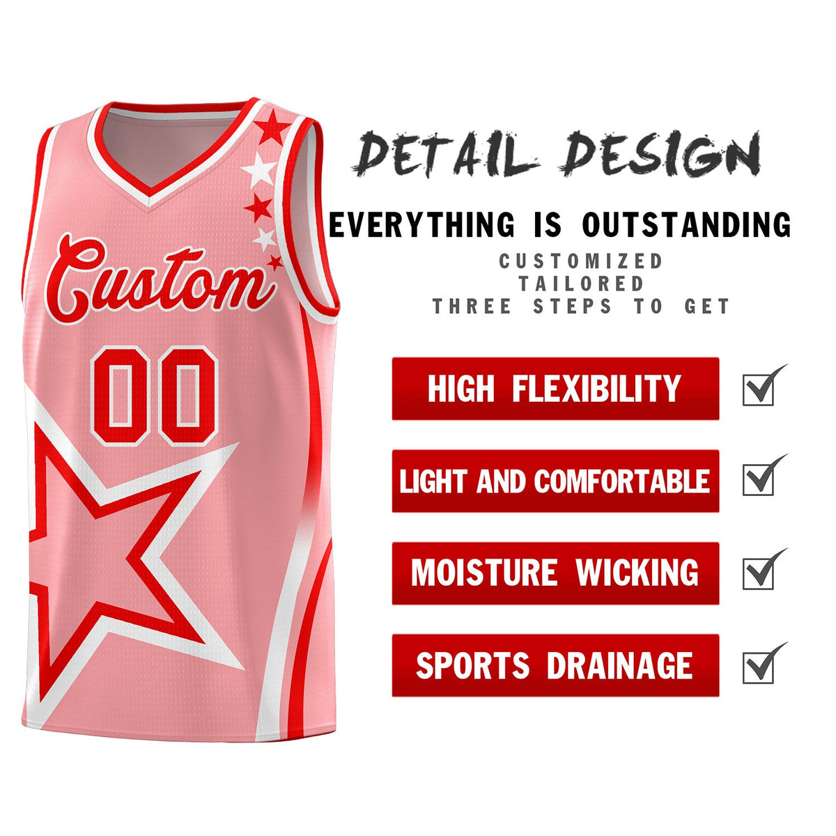 Custom Light Pink Shoulder Stars Graffiti Pattern Sets Basketball Jersey