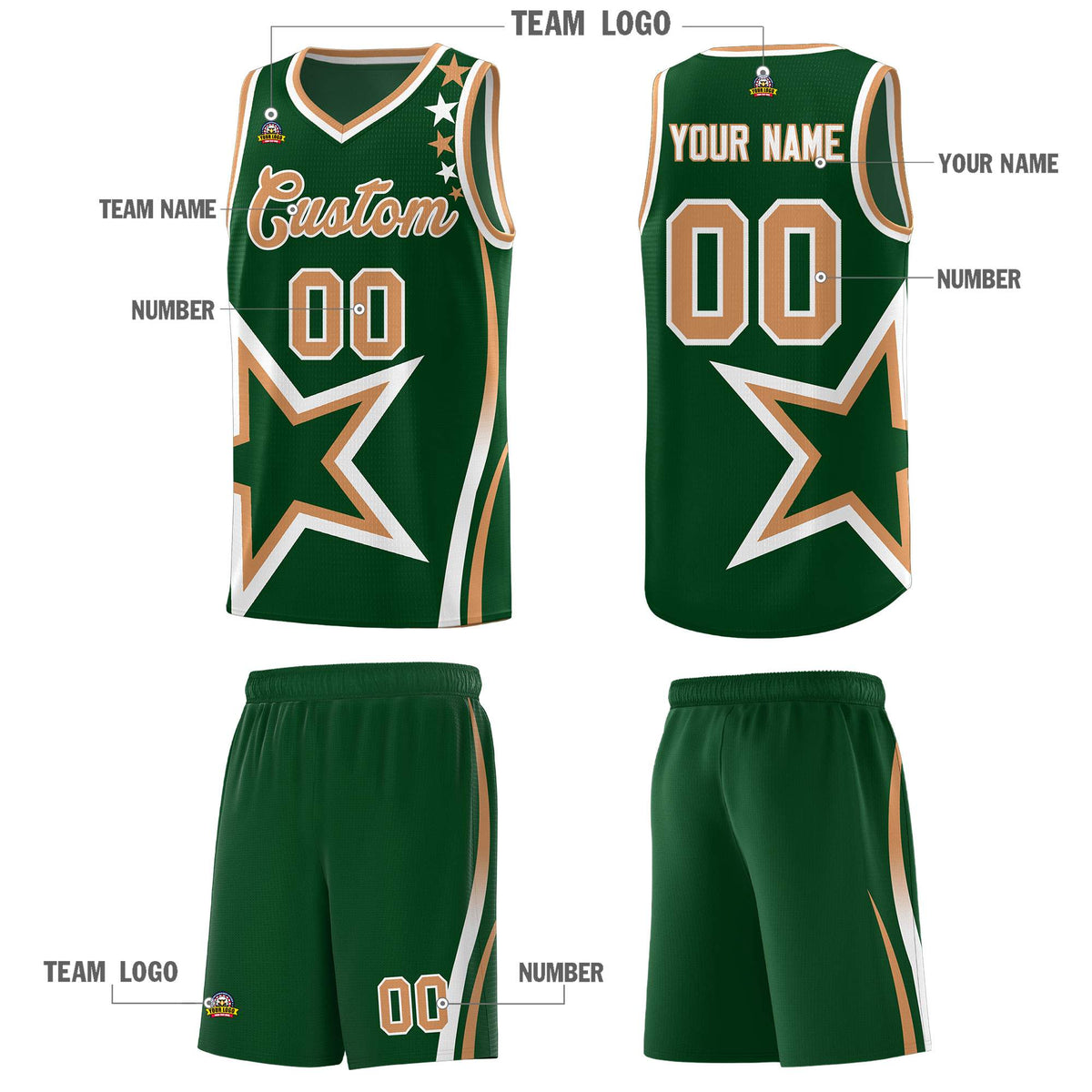 Custom Green Shoulder Stars Graffiti Pattern Sets Basketball Jersey