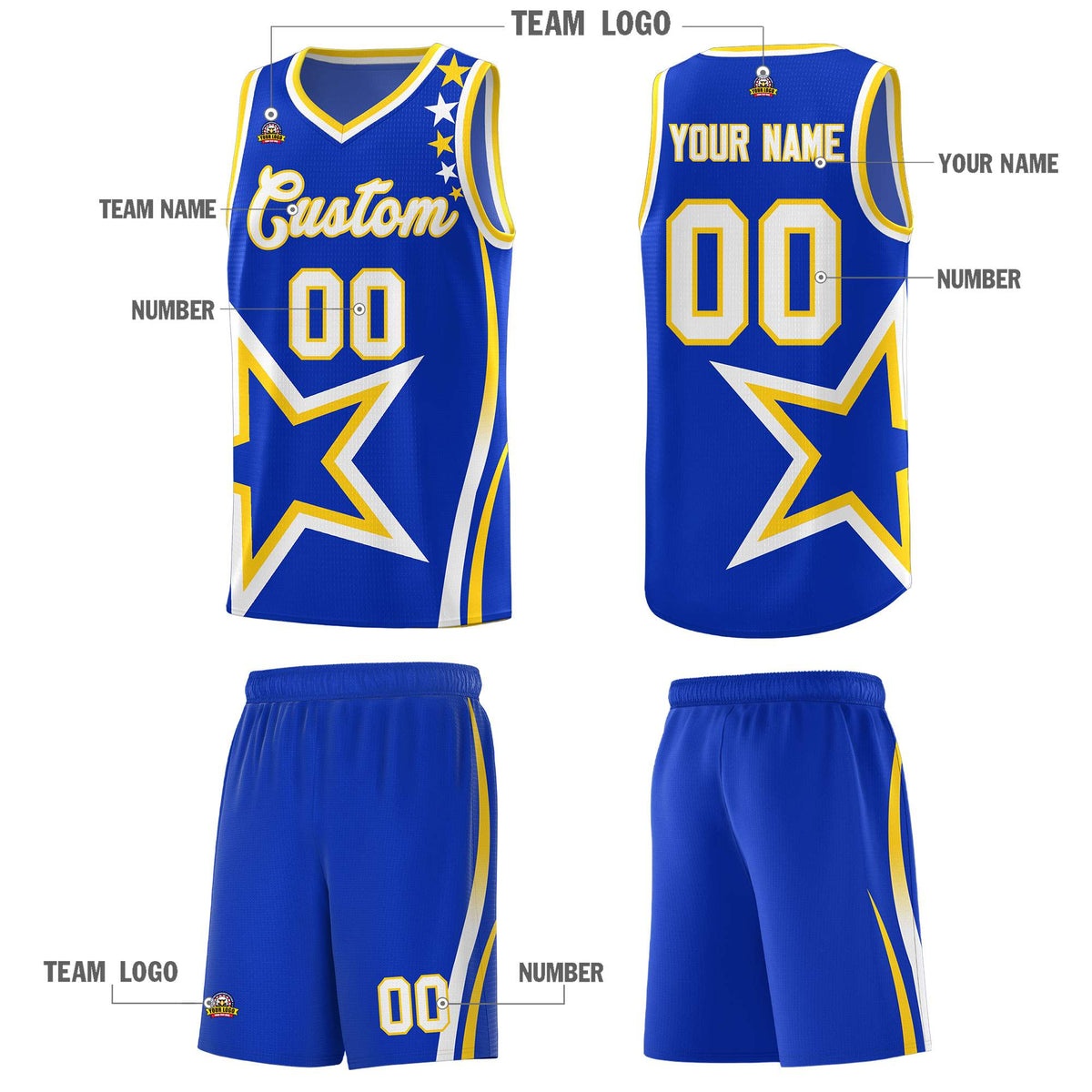 Custom Royal Shoulder Stars Graffiti Pattern Sets Basketball Jersey