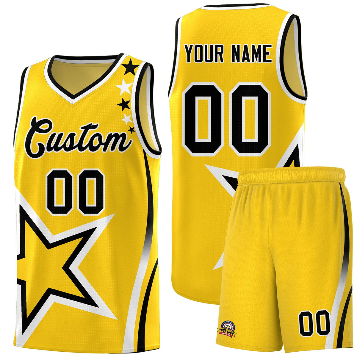 Custom Gold Shoulder Stars Graffiti Pattern Sets Basketball Jersey