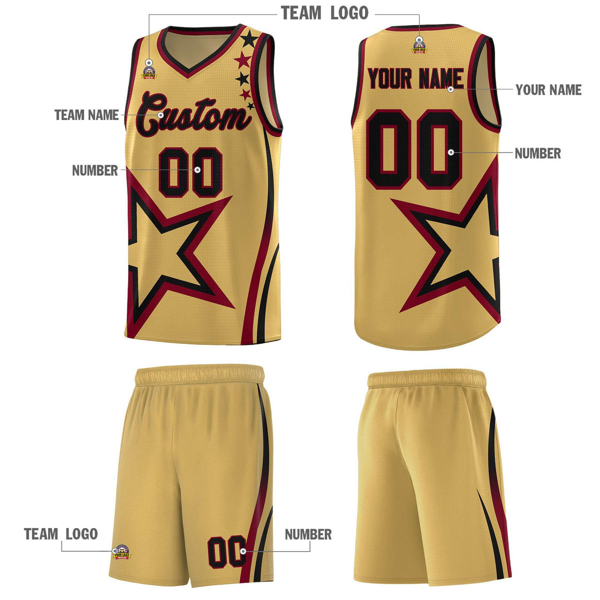 Custom Old Gold Shoulder Stars Graffiti Pattern Sets Basketball Jersey