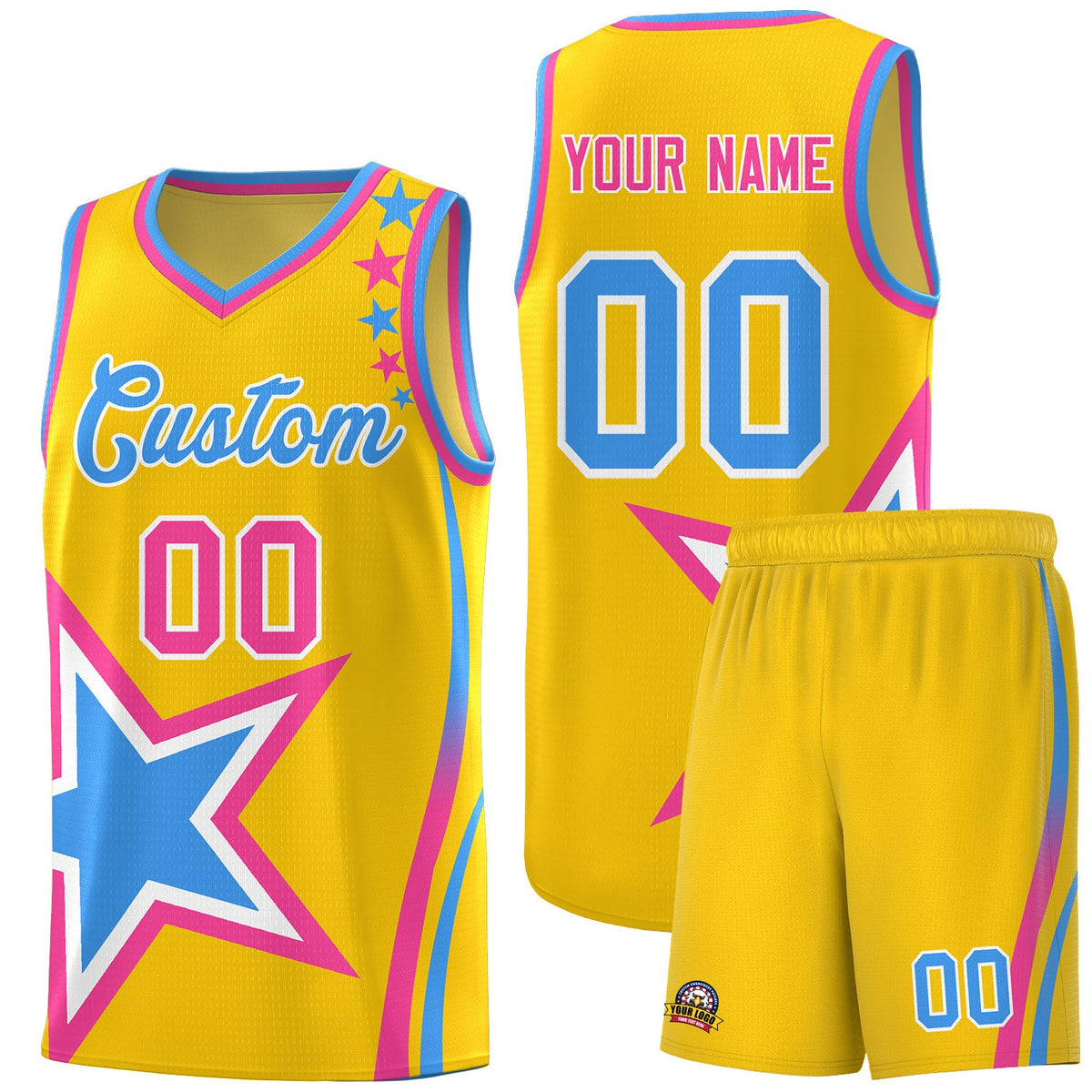 Custom Gold Shoulder Stars Graffiti Pattern Sets Basketball Jersey