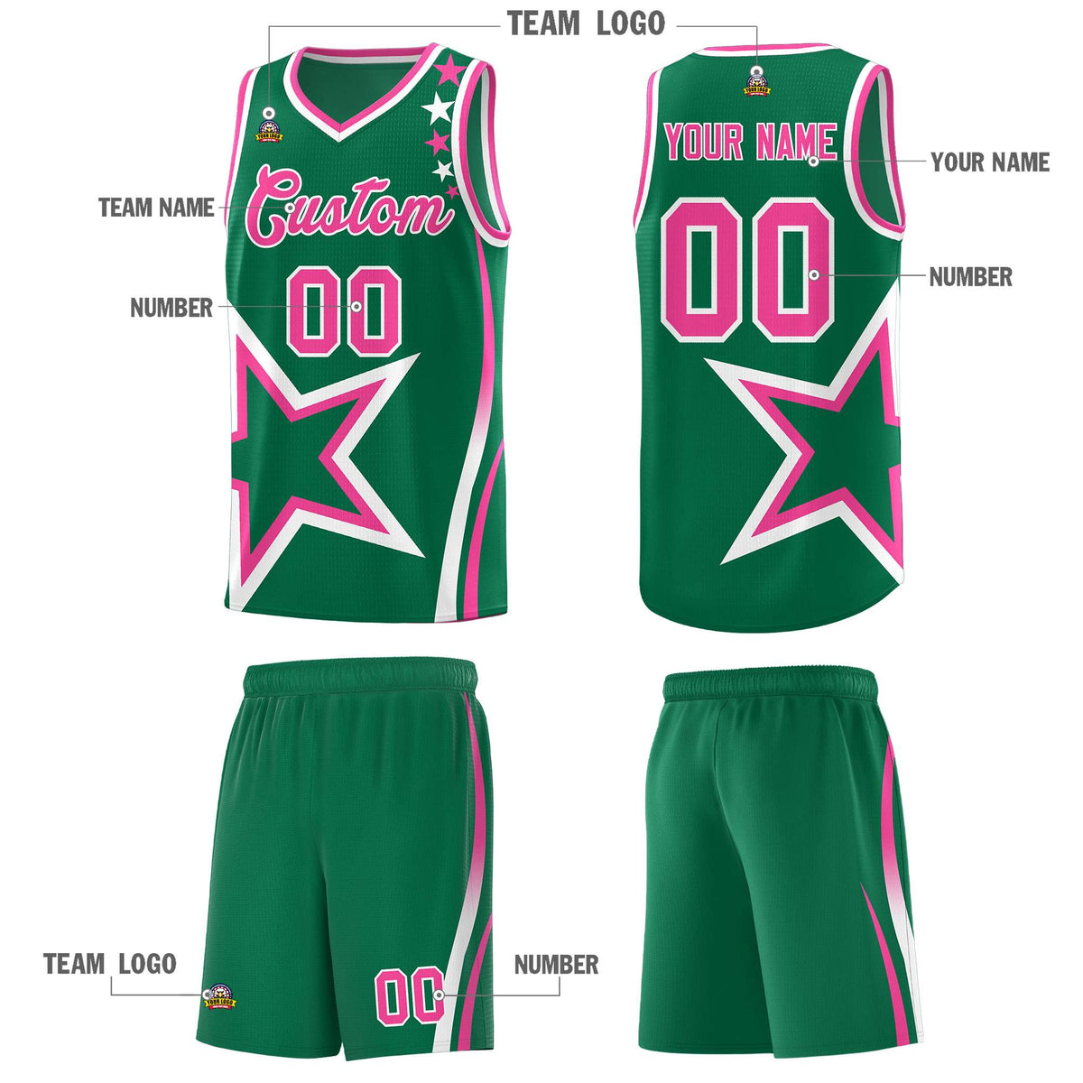 Custom Kelly Green Shoulder Stars Graffiti Pattern Sets Basketball Jersey