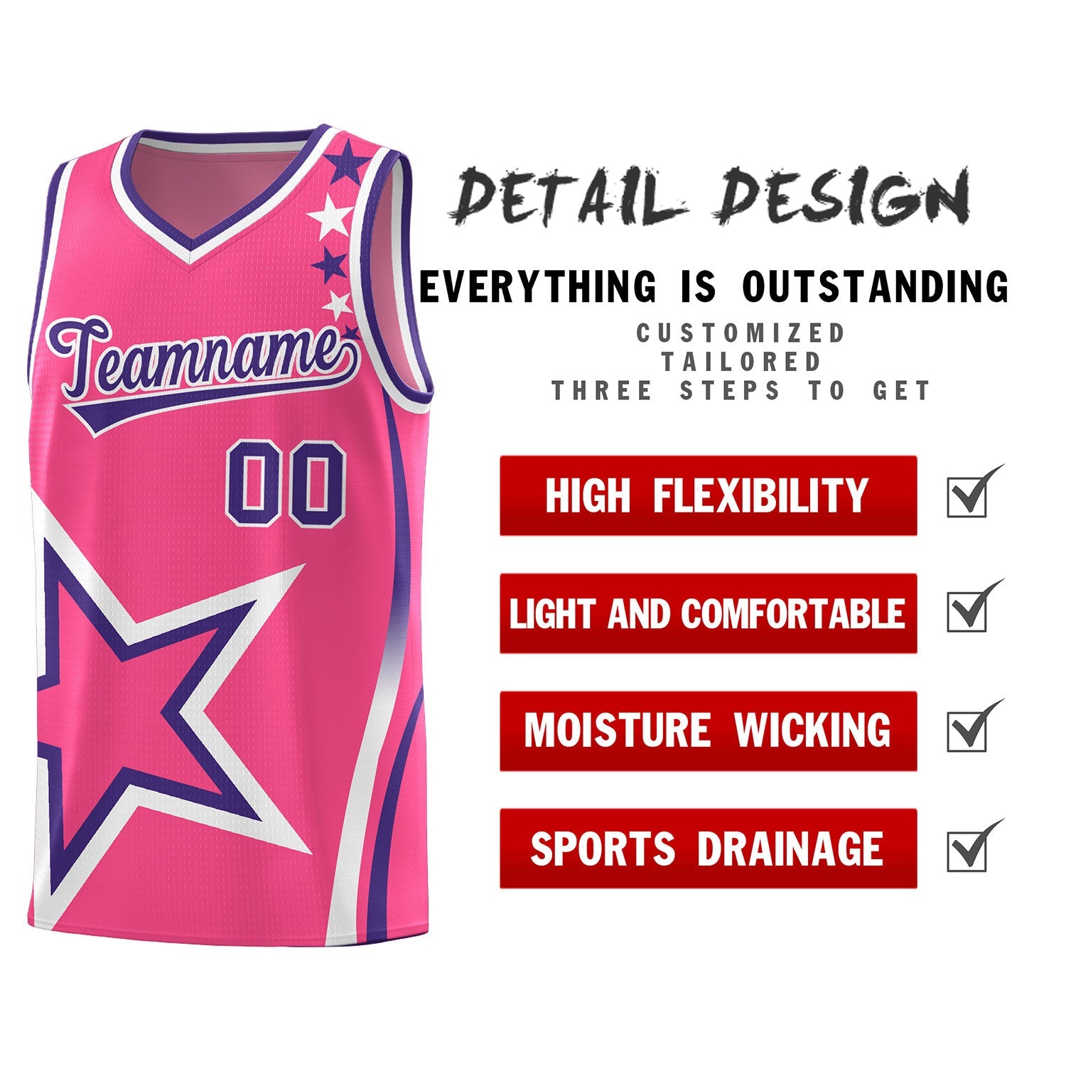 Custom Pink Shoulder Stars Graffiti Pattern Sets Basketball Jersey