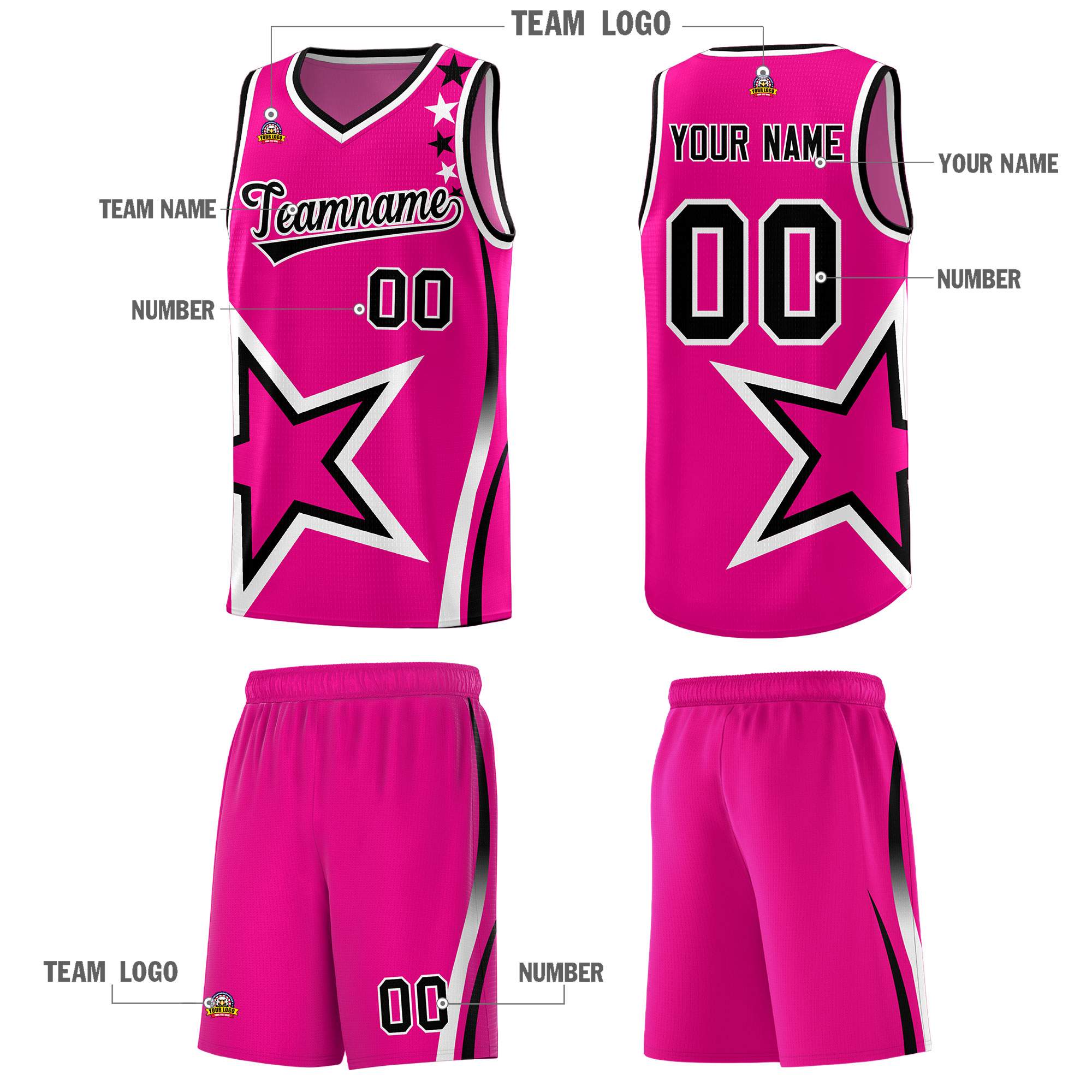 Custom Pink Shoulder Stars Graffiti Pattern Sets Basketball Jersey