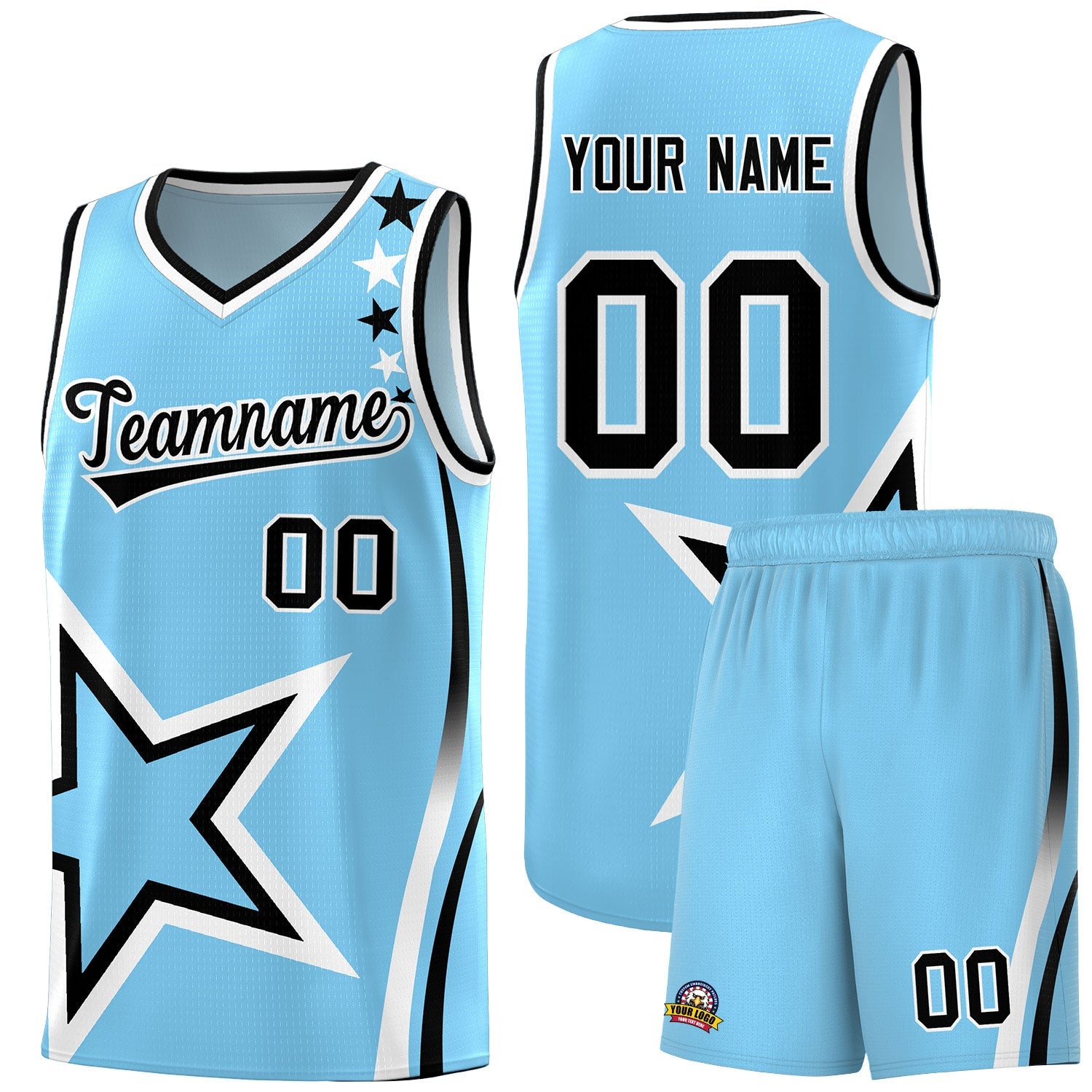 Custom Light Blue Shoulder Stars Graffiti Pattern Sets Basketball Jersey