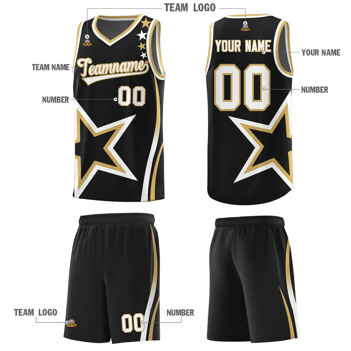 Custom Black Shoulder Stars Graffiti Pattern Sets Basketball Jersey